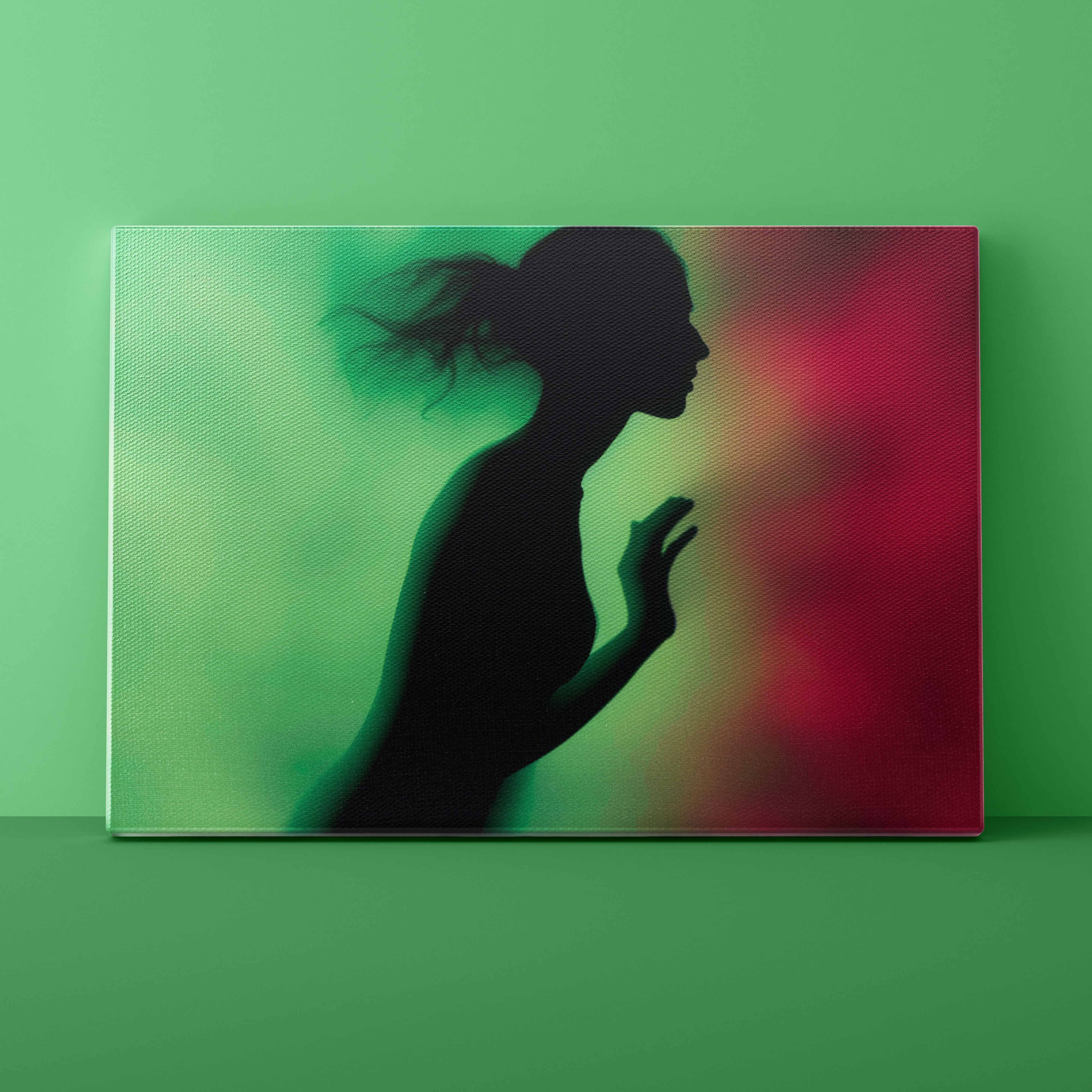 Silhouette of a woman against a gradient background with green and red colors.
