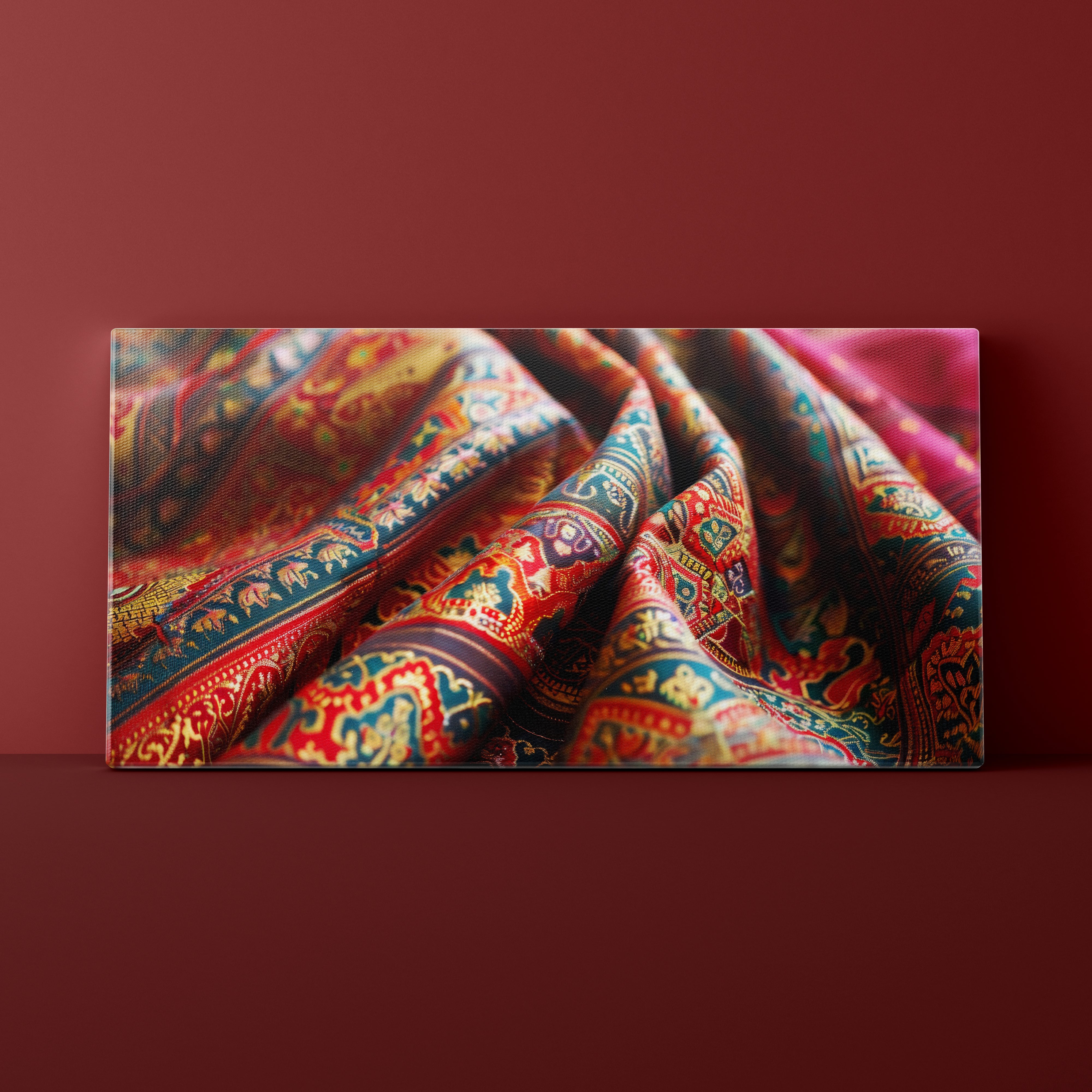 Colorful patterned fabric on a red background