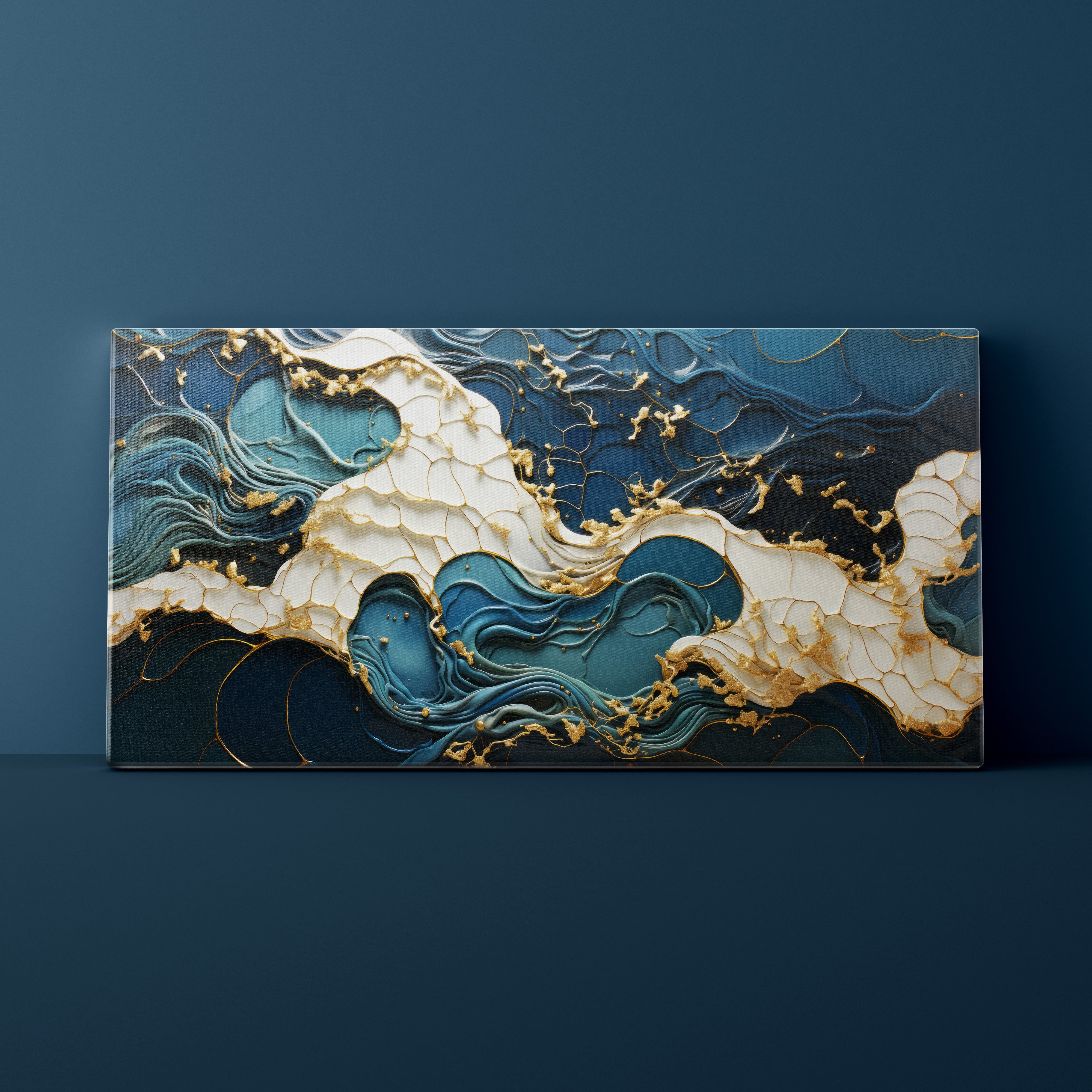 Abstract art piece with wavy patterns in blue, white, and gold on a dark blue background