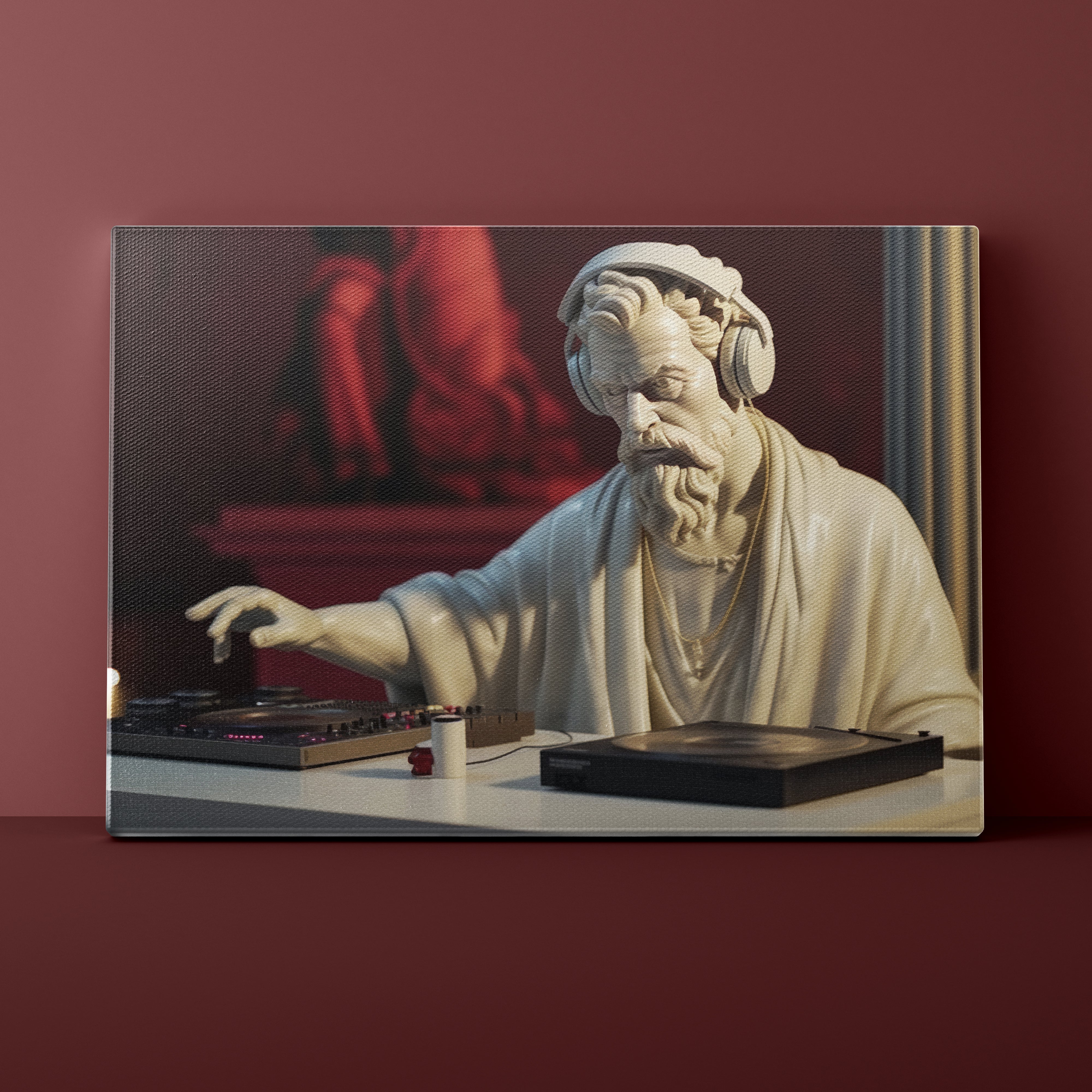 Statue of a man with headphones using DJ equipment on a red background