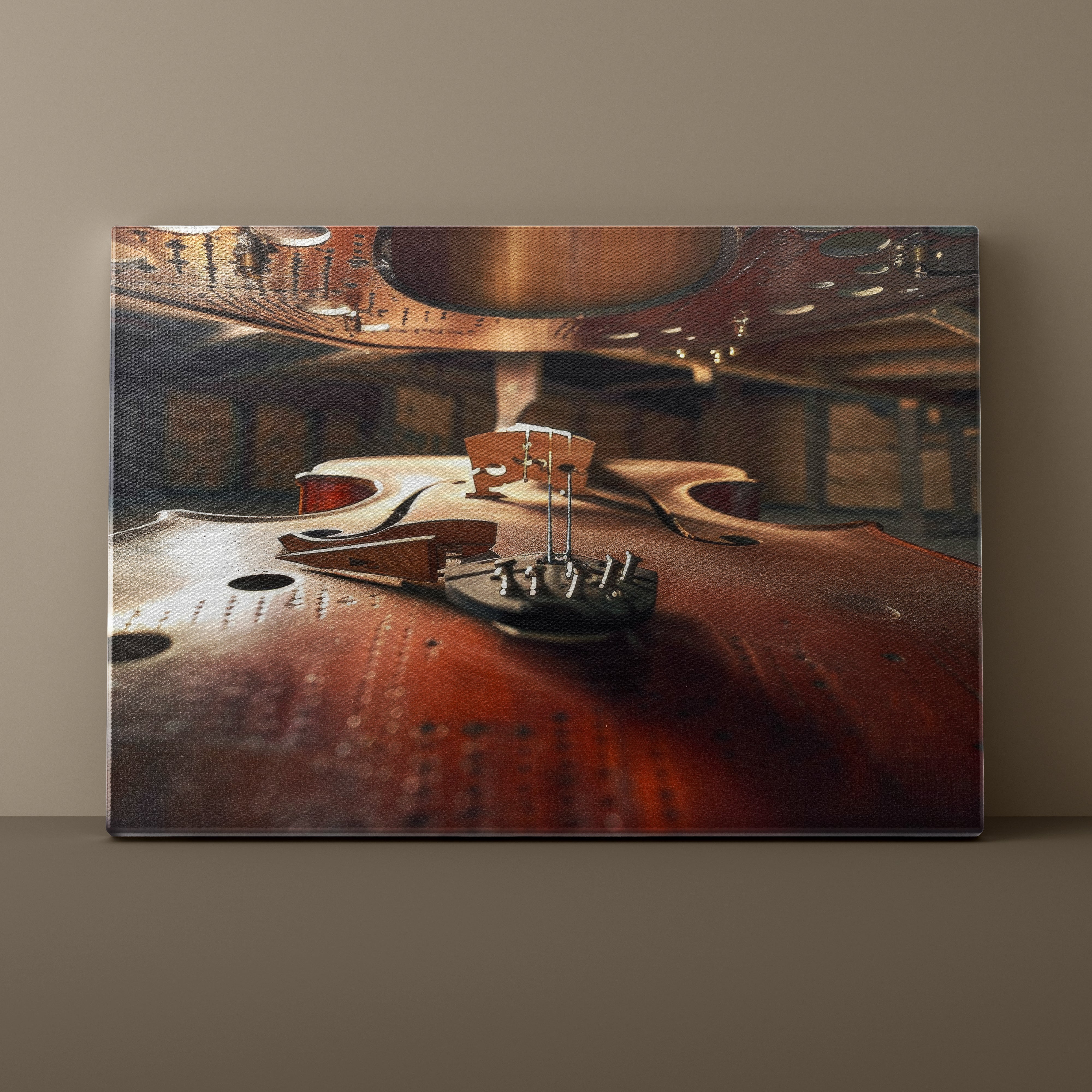 Close-up of a violin's back and soundboard on a textured wall.