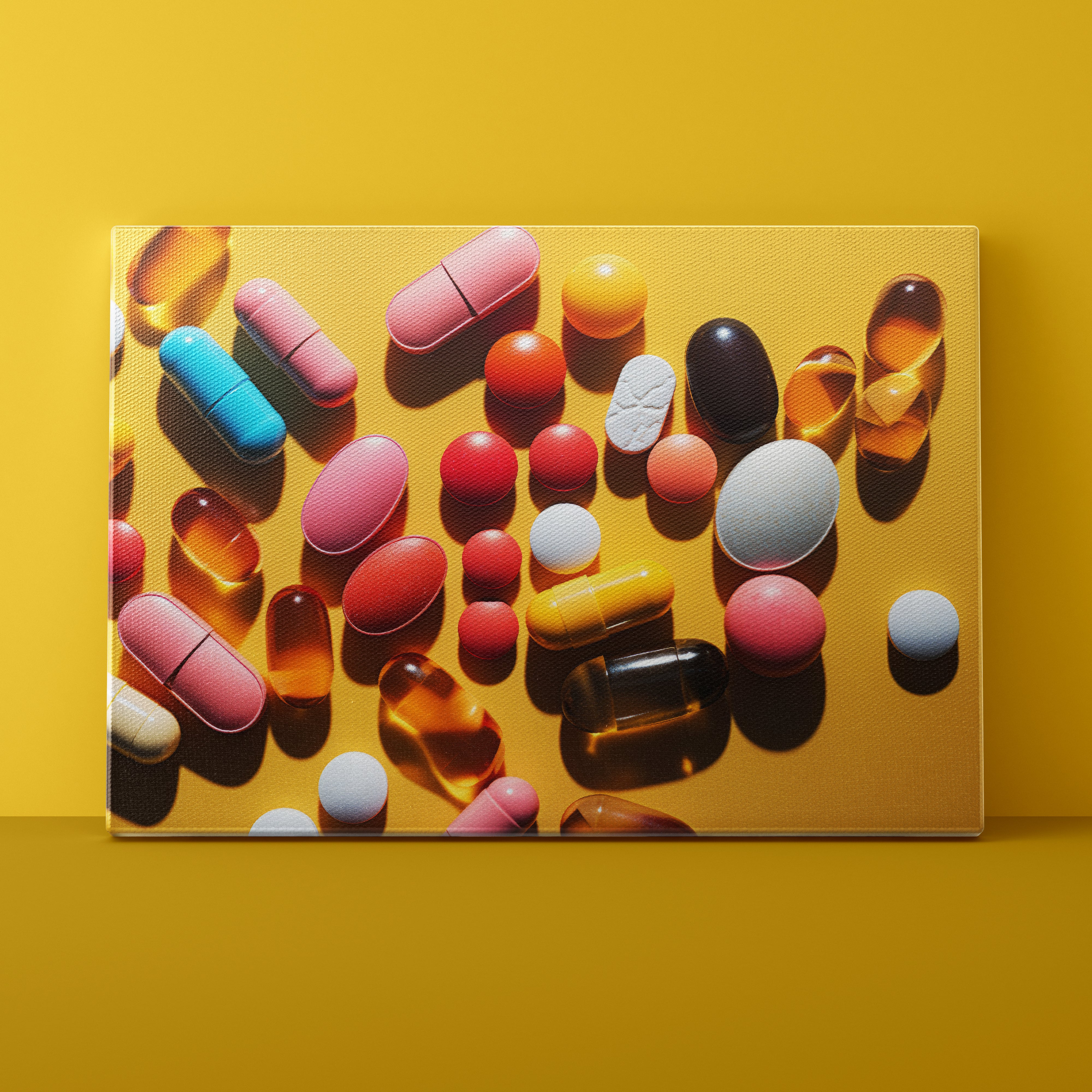 Colorful assortment of pills on a yellow background