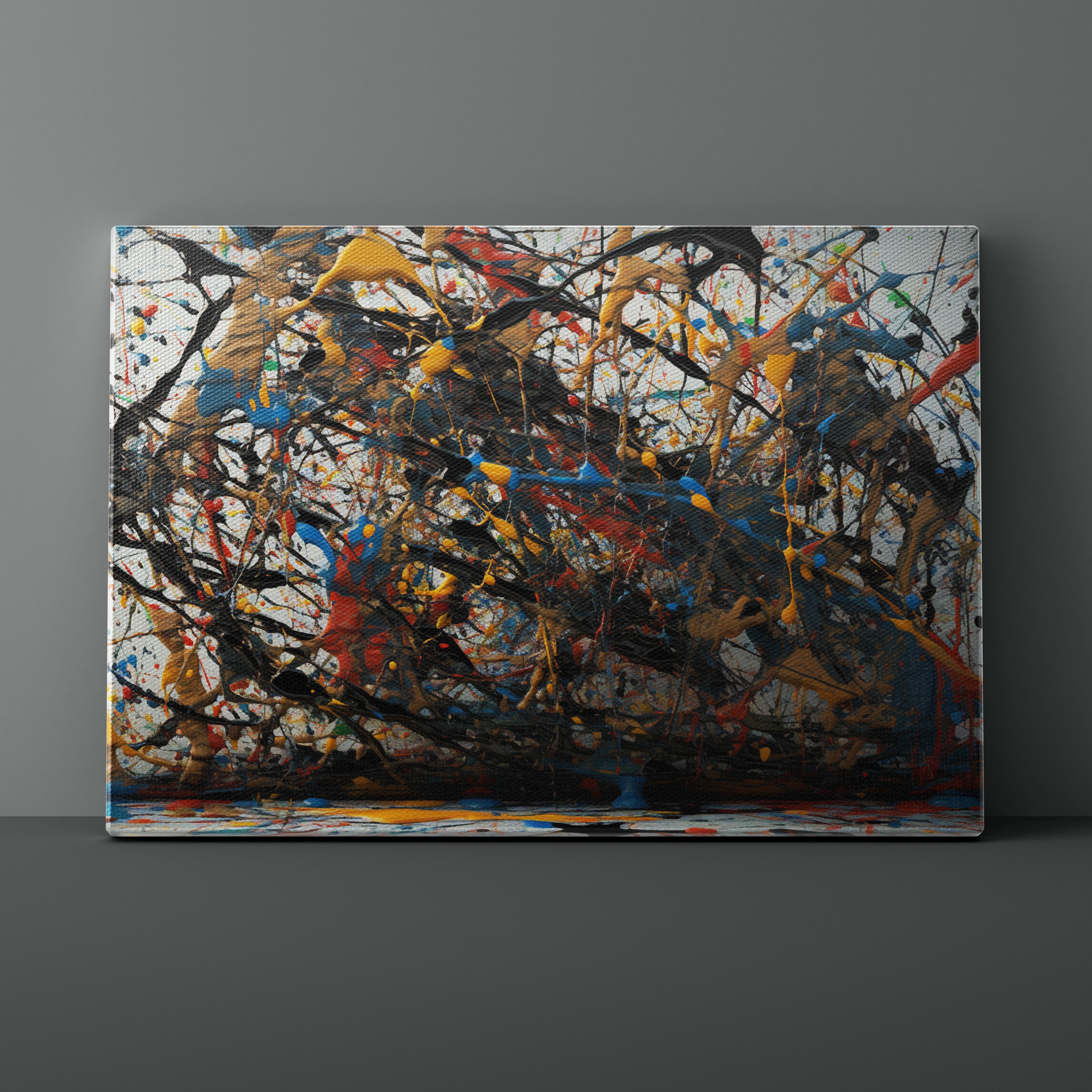 Abstract painting with splashes of color on a dark gray background