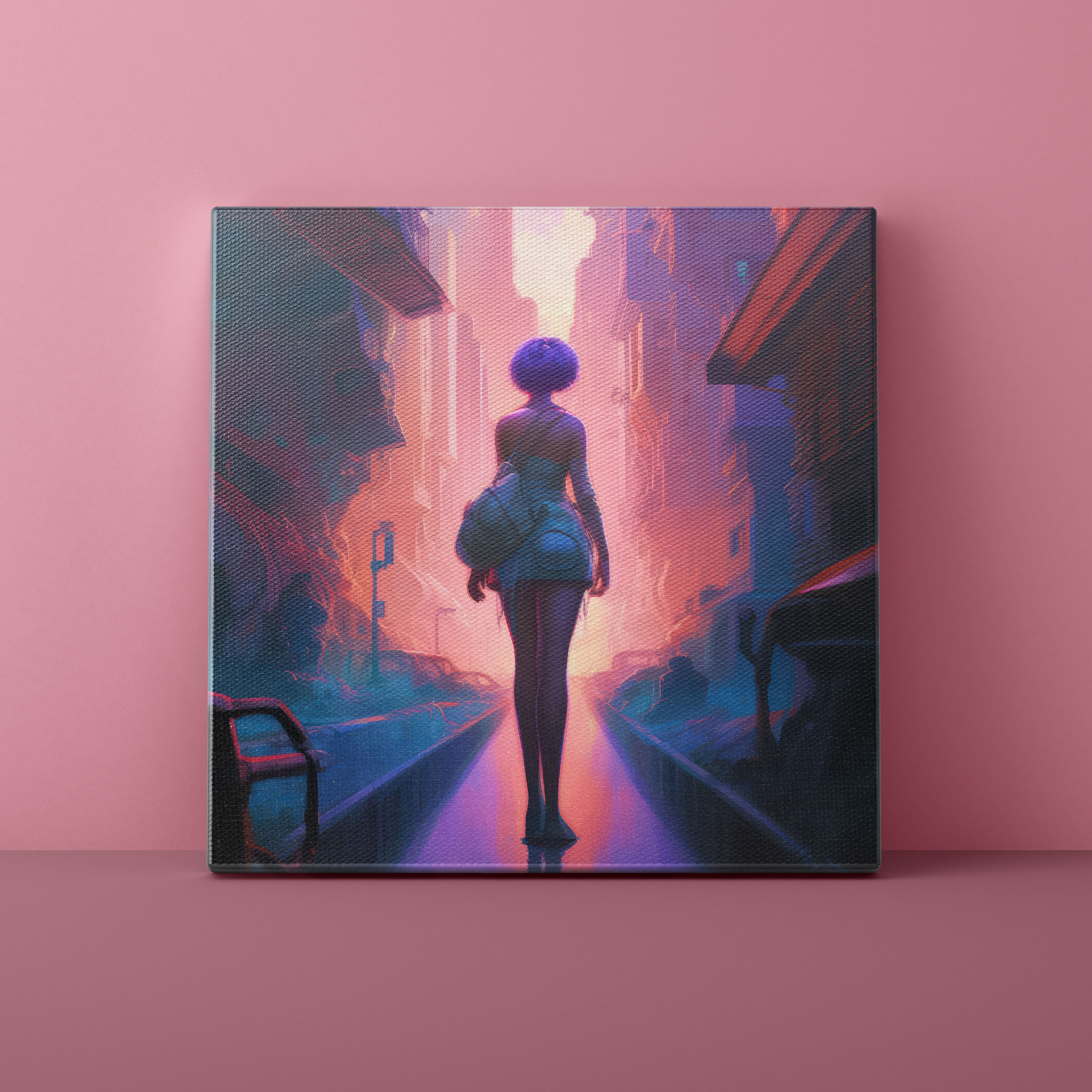 Futuristic cityscape with a person walking down a street, framed as a painting on a pink wall.