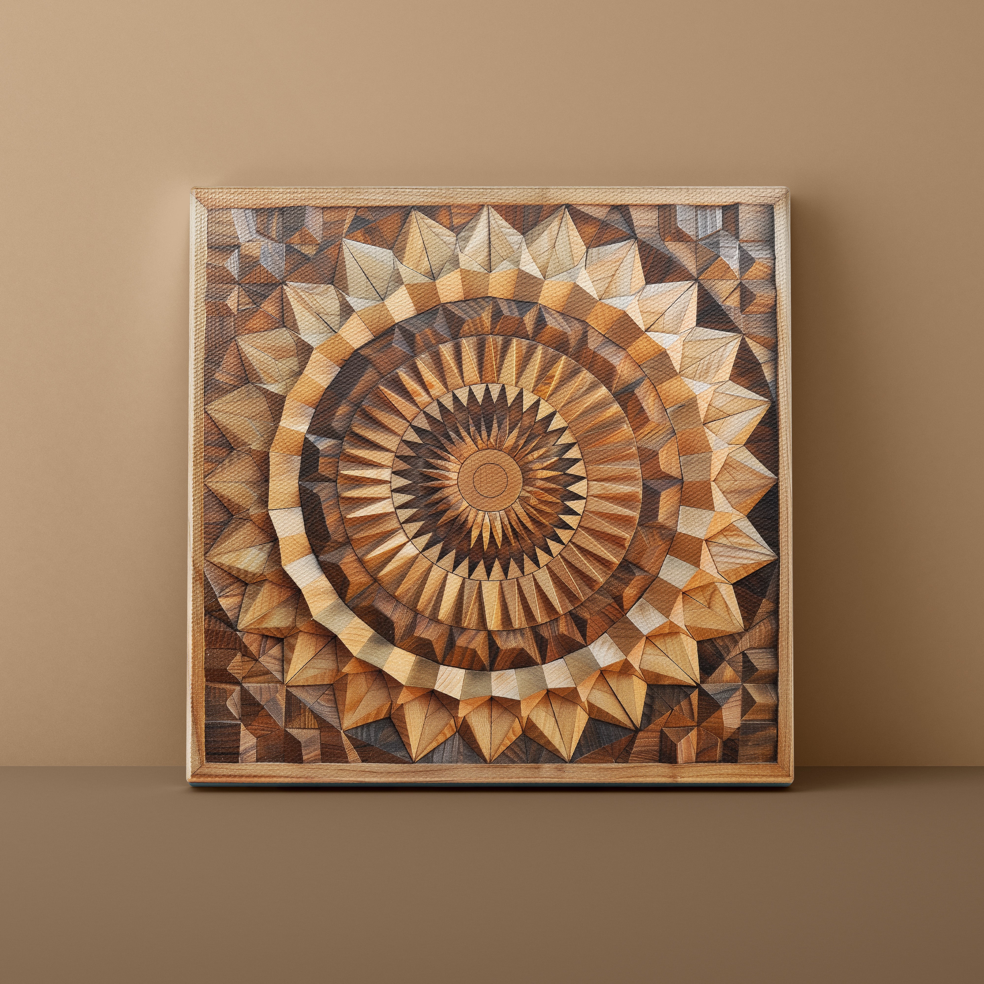 Wooden geometric wall art piece on a brown wall