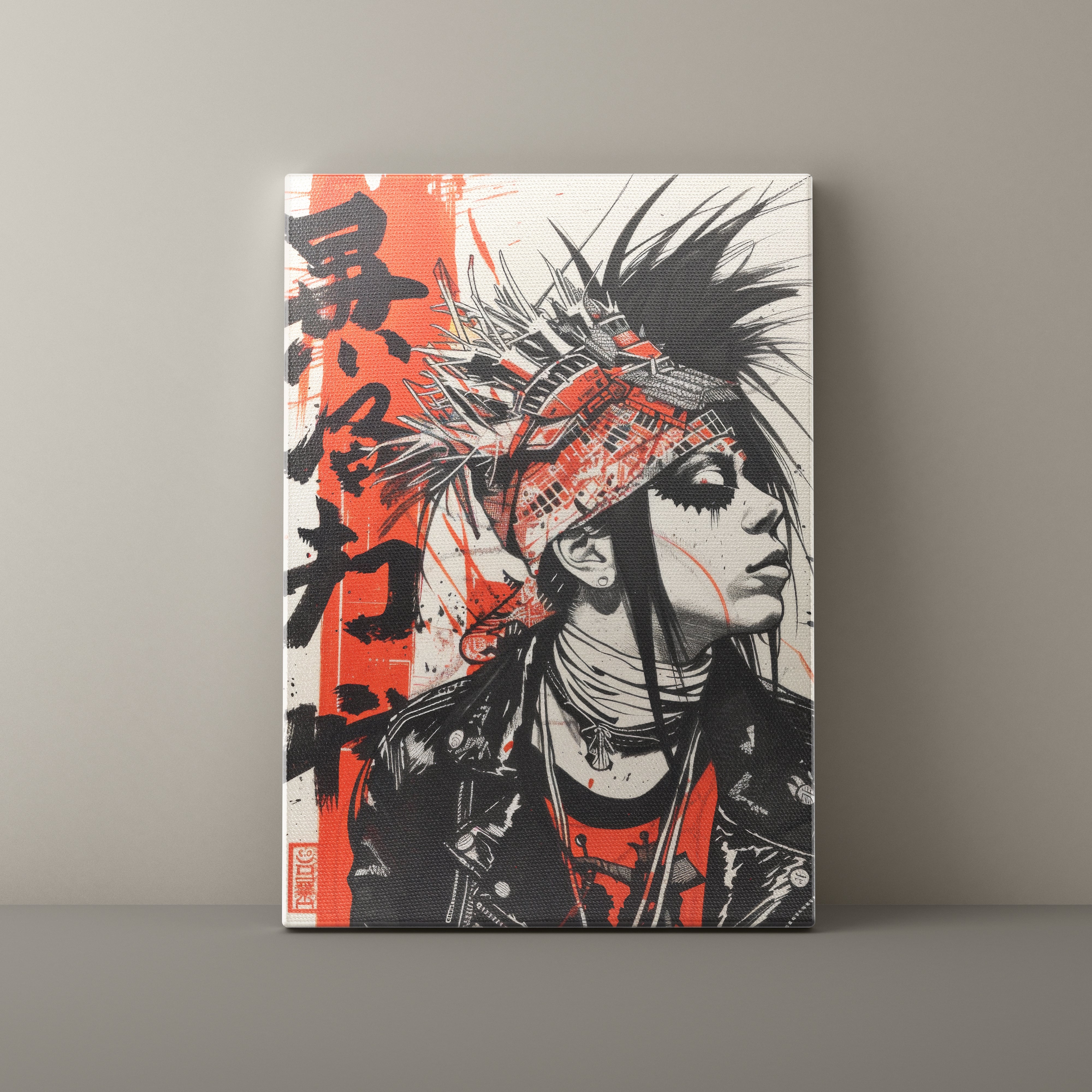 Canvas print with a stylized illustration of a person wearing a headdress on a gray background