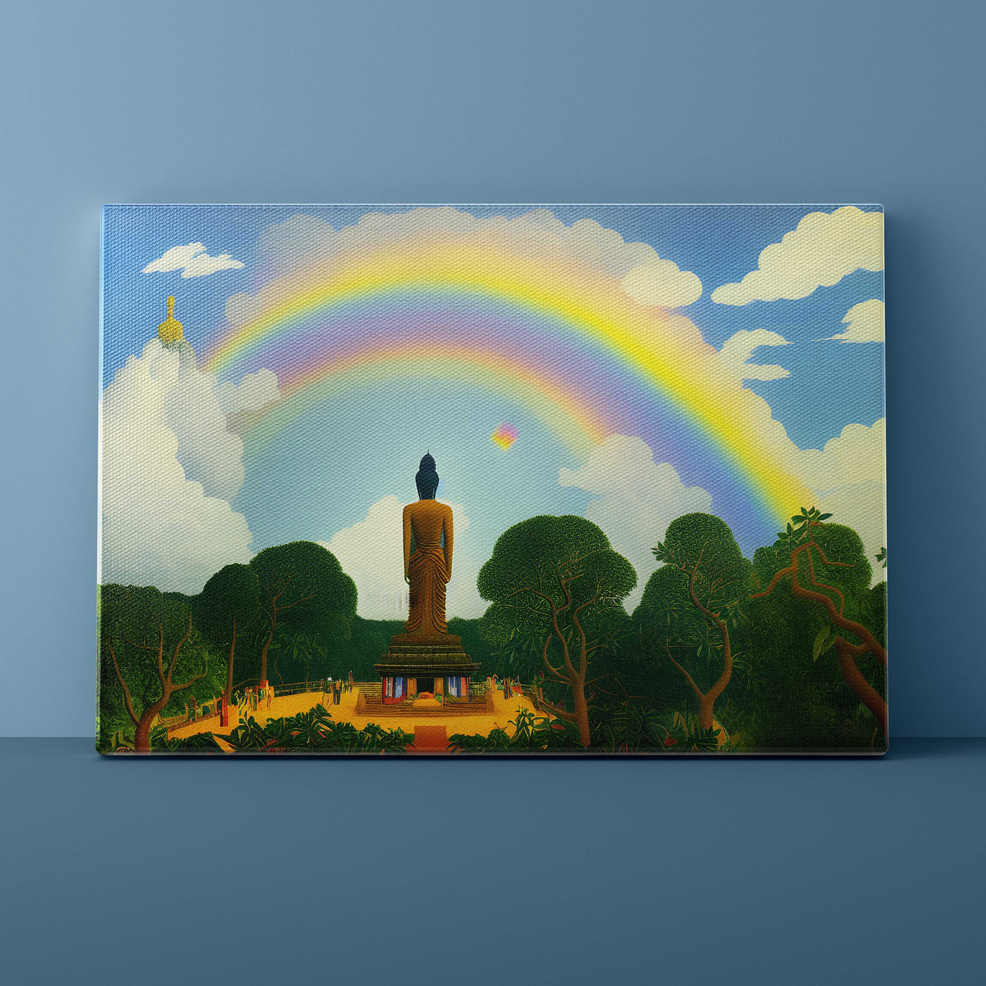 Statue of Buddha under a rainbow in a lush green landscape