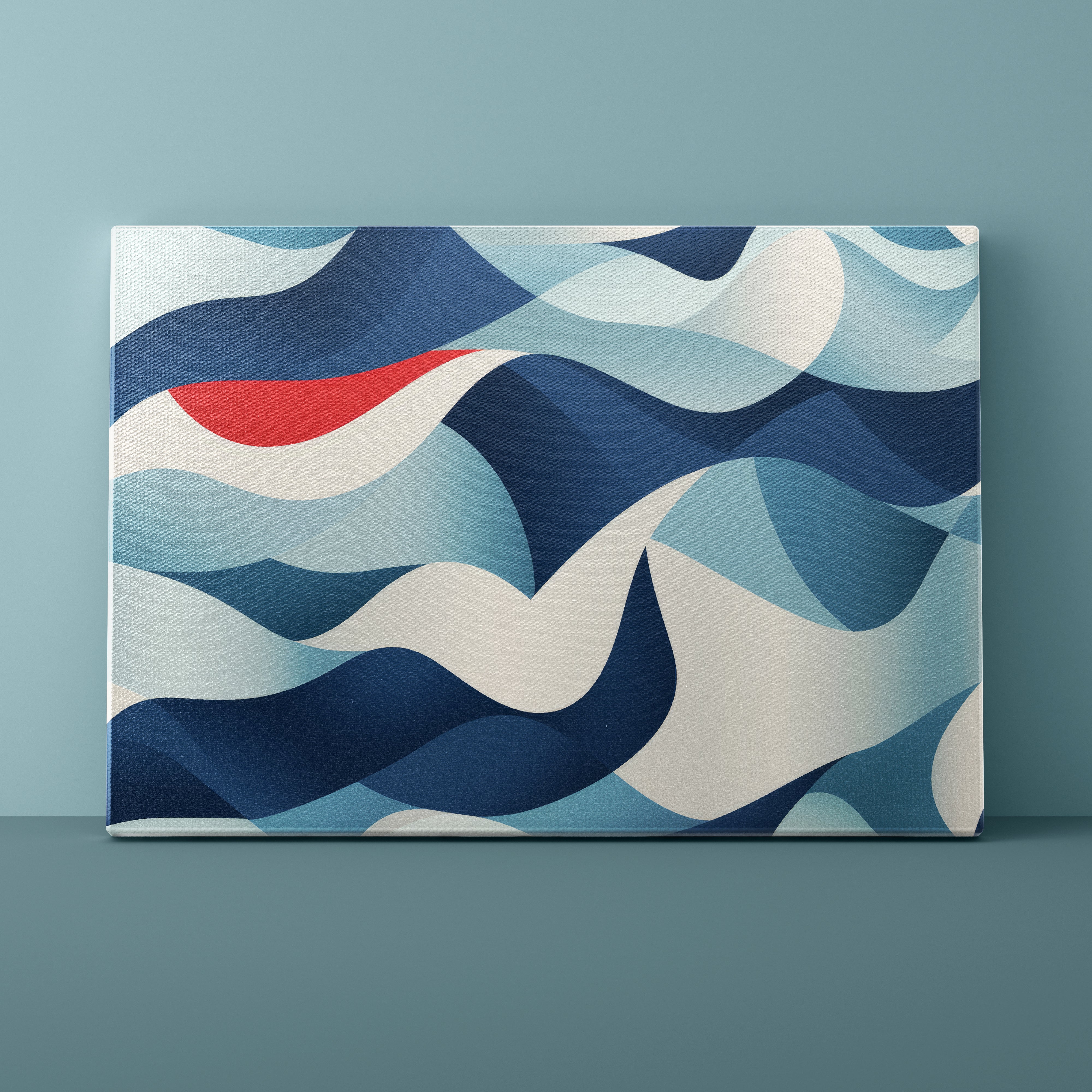 Canvas print with wavy abstract design in blue, white, and red on a light blue background