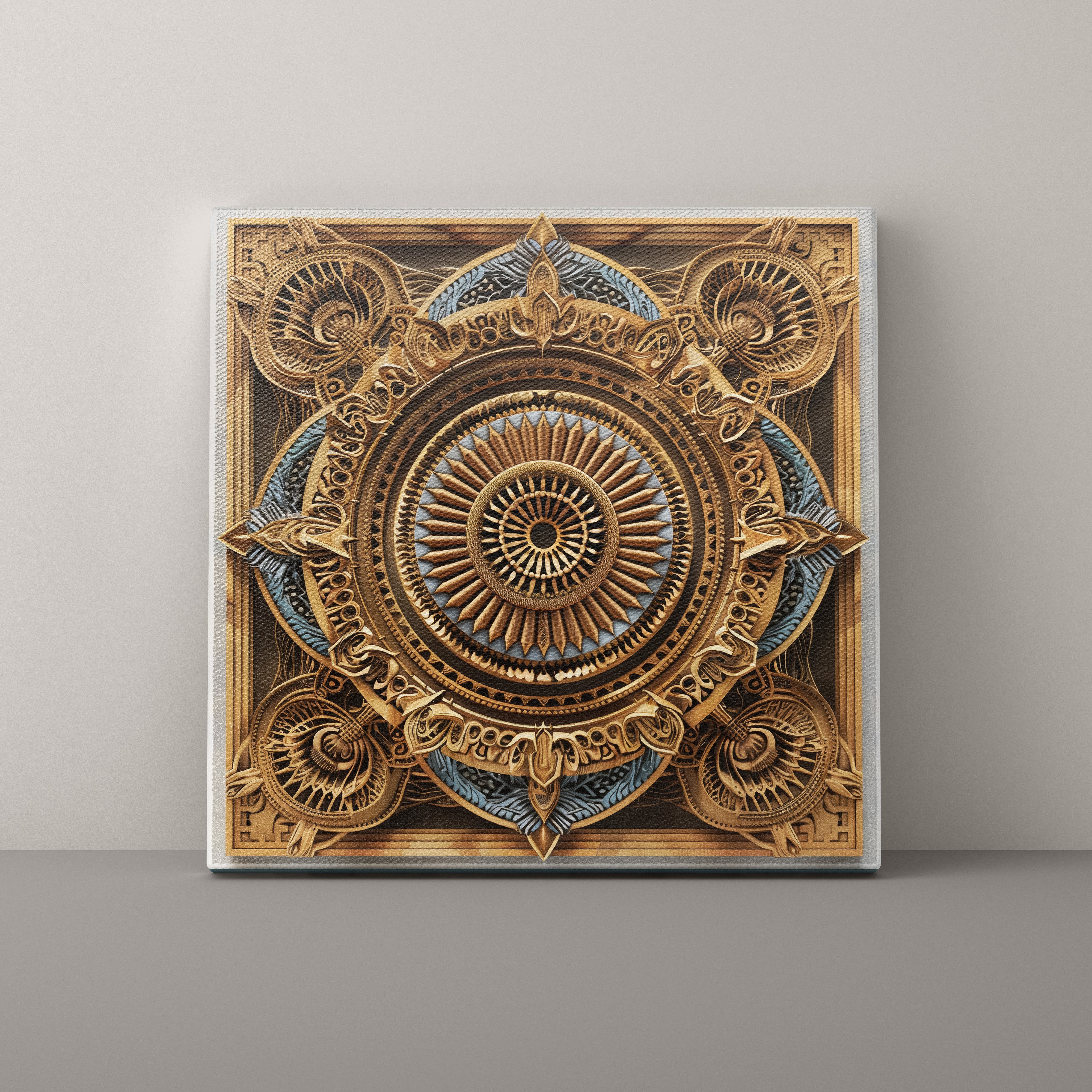 Decorative wall art with intricate gold and blue design on a gray background