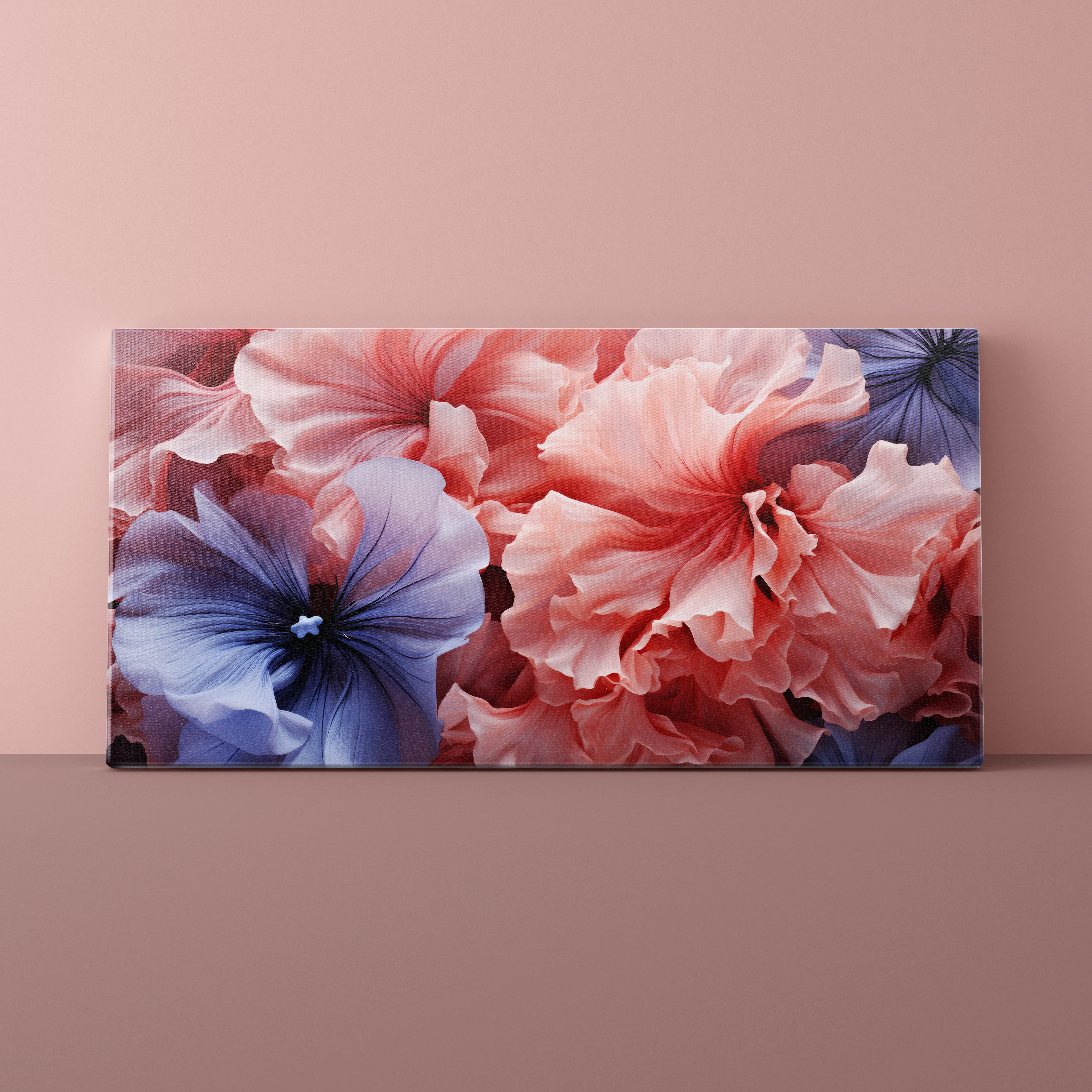 Floral painting with pink and blue flowers on a beige wall