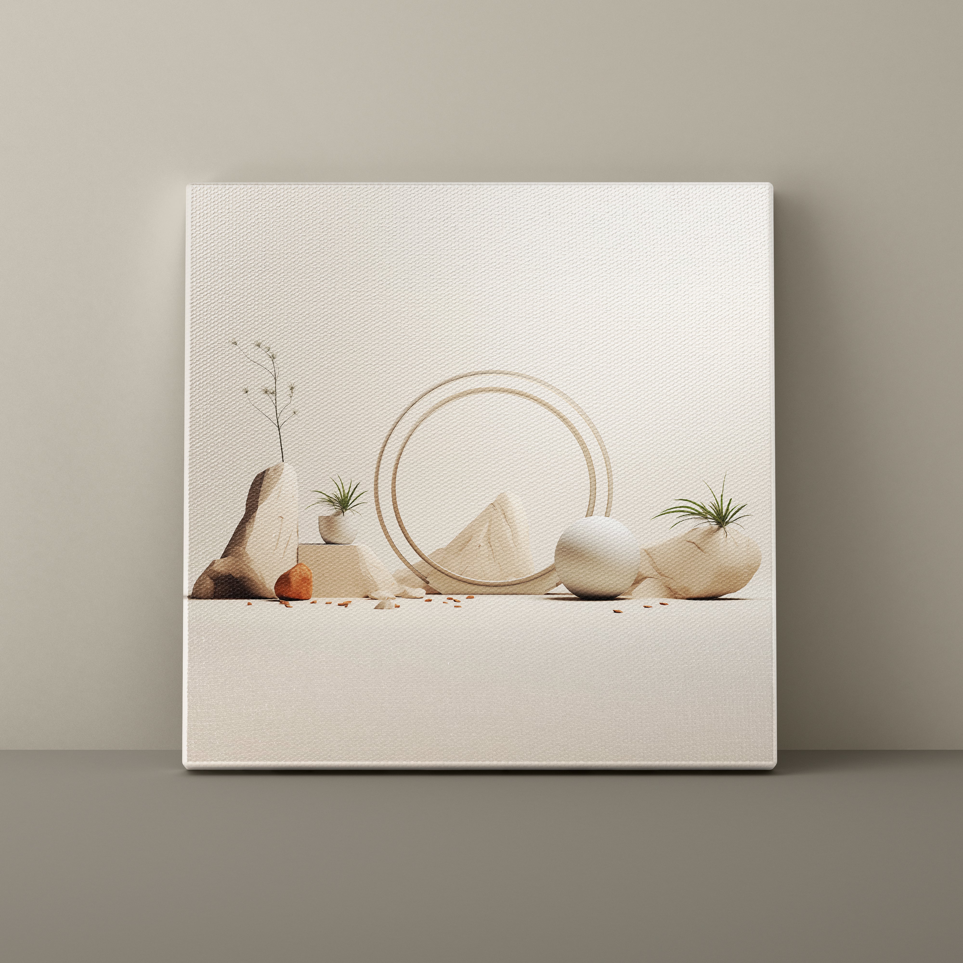 Canvas print of a minimalist scene with rocks, plants, and a circular design on a beige background.