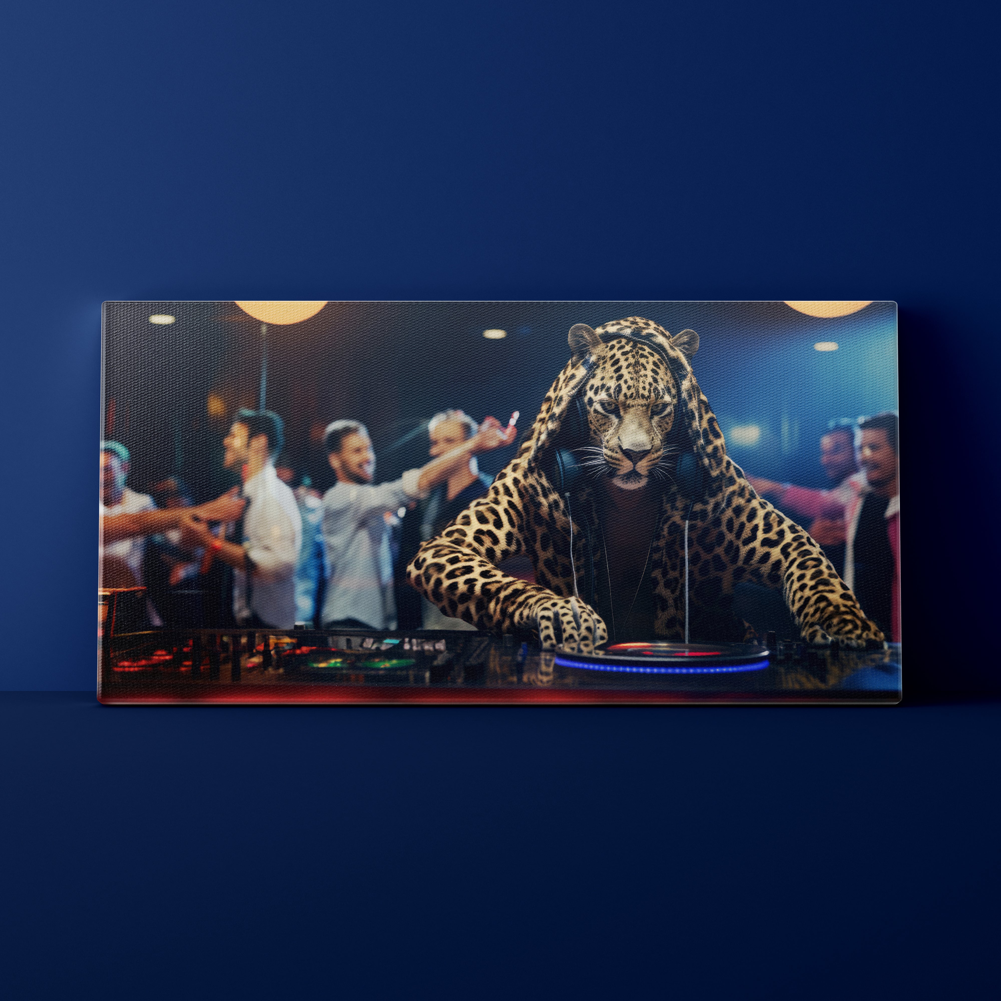 Person wearing a leopard costume DJing at a club with people in the background