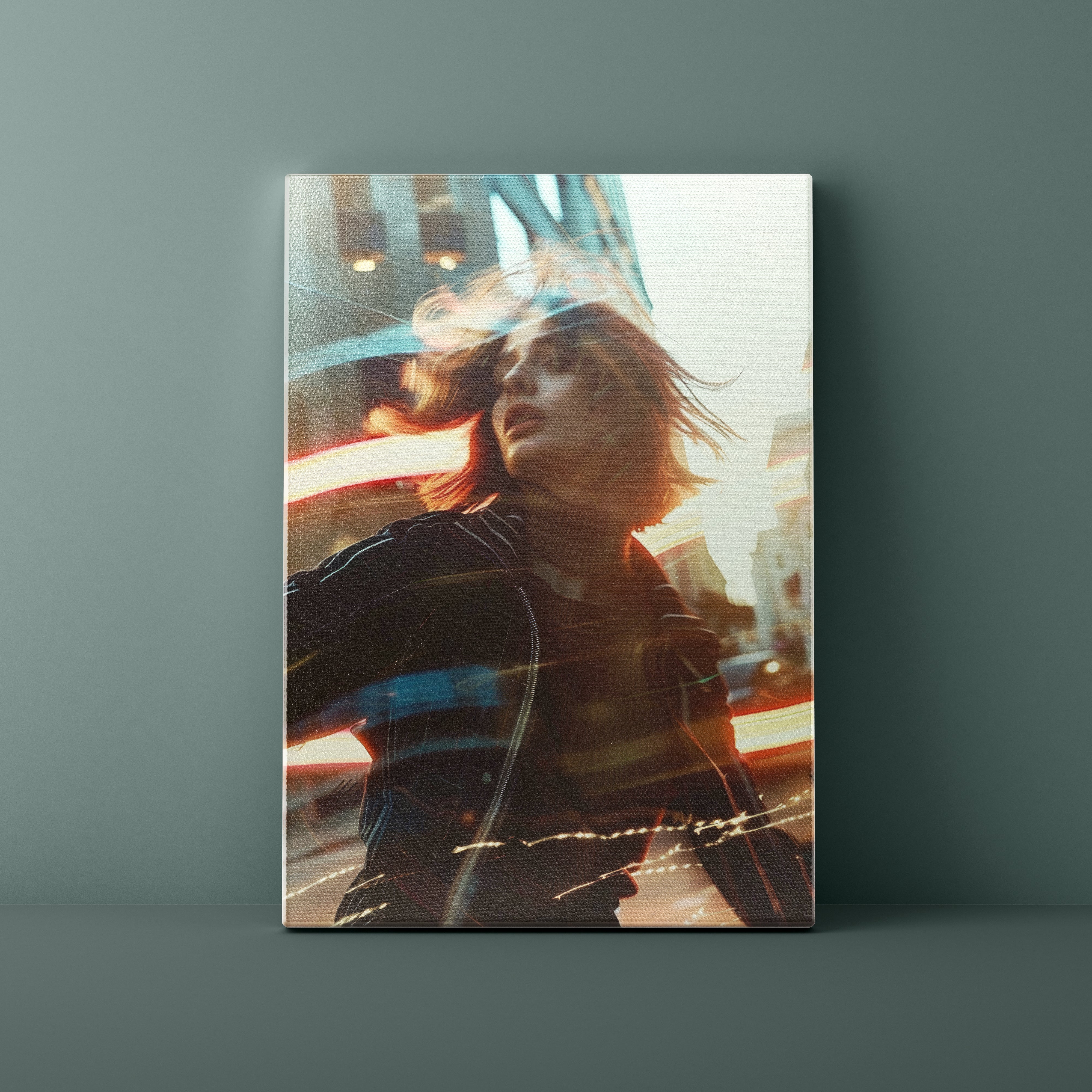 Canvas print of a person with a blurred cityscape background on a gray wall.