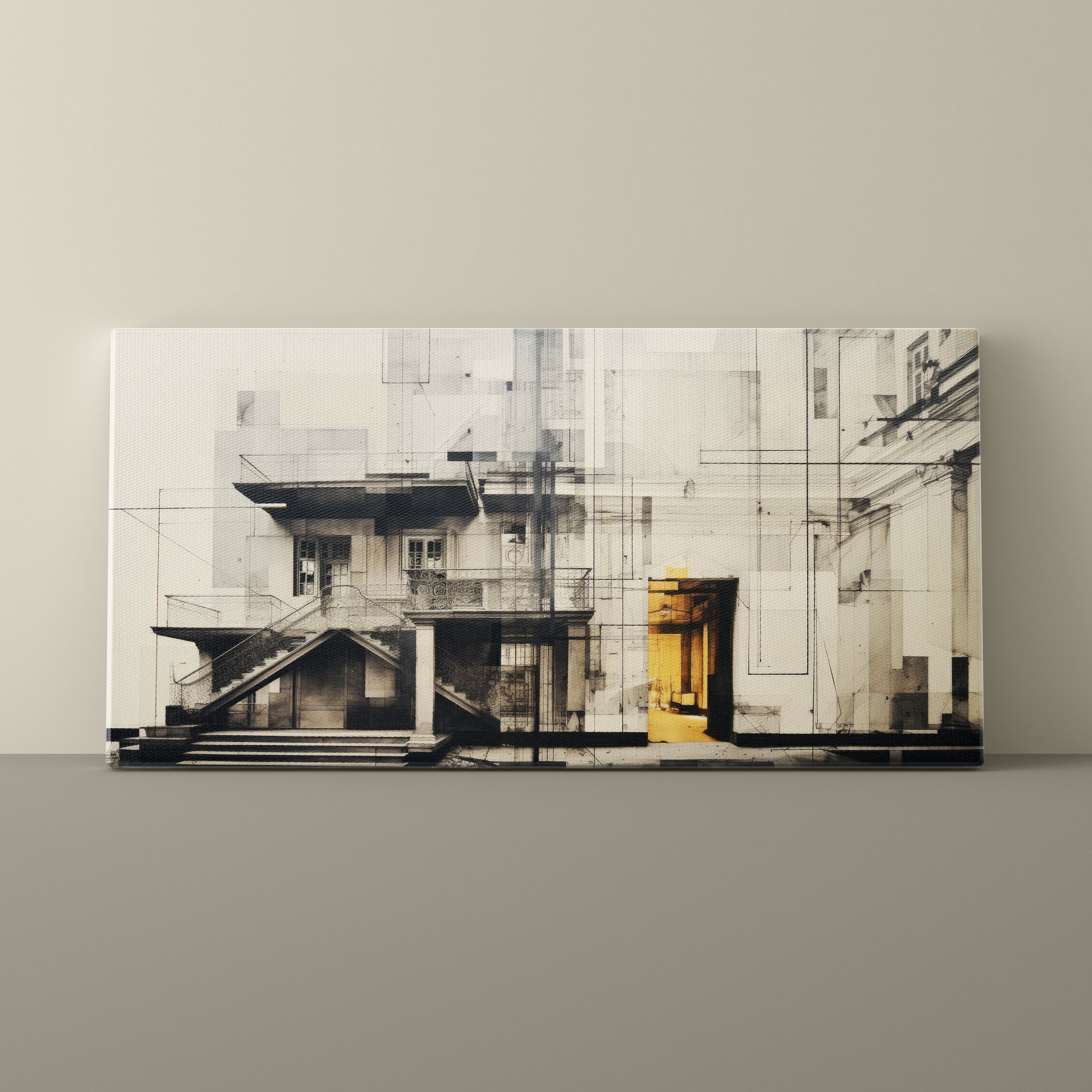 Abstract architectural artwork on a beige wall