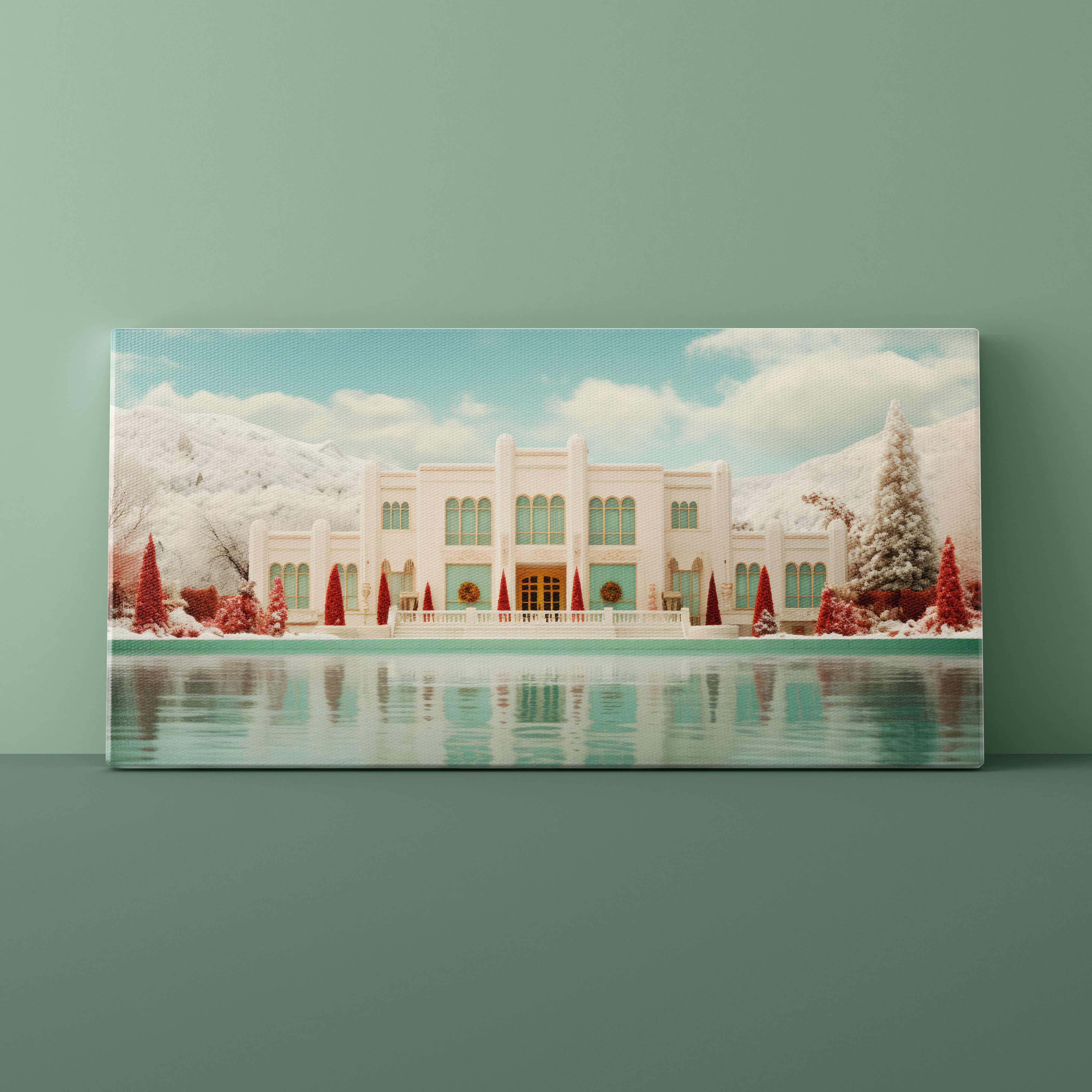 Canvas print of a snowy landscape with a building and trees on a green wall.