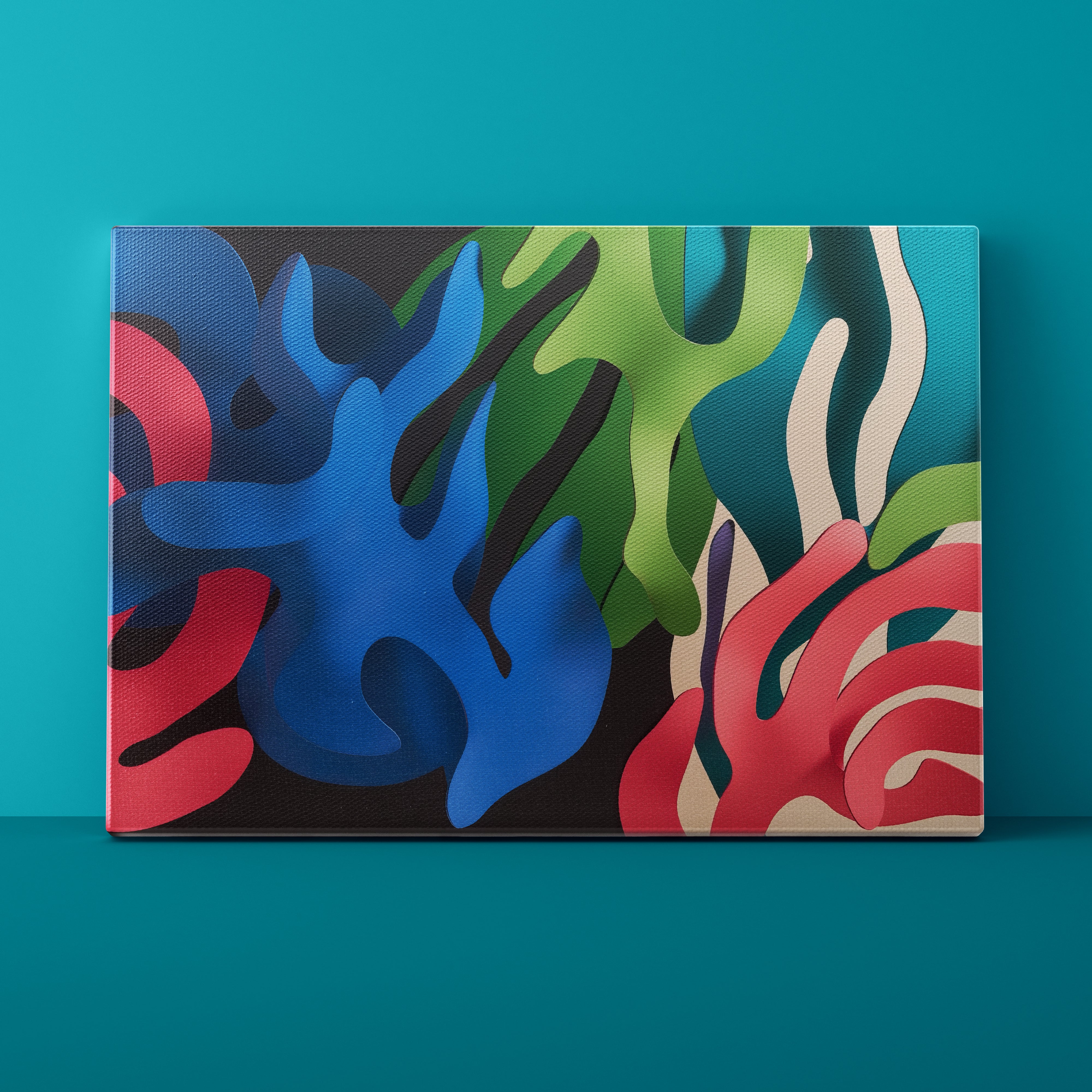 Abstract art canvas with colorful abstract design on a teal background