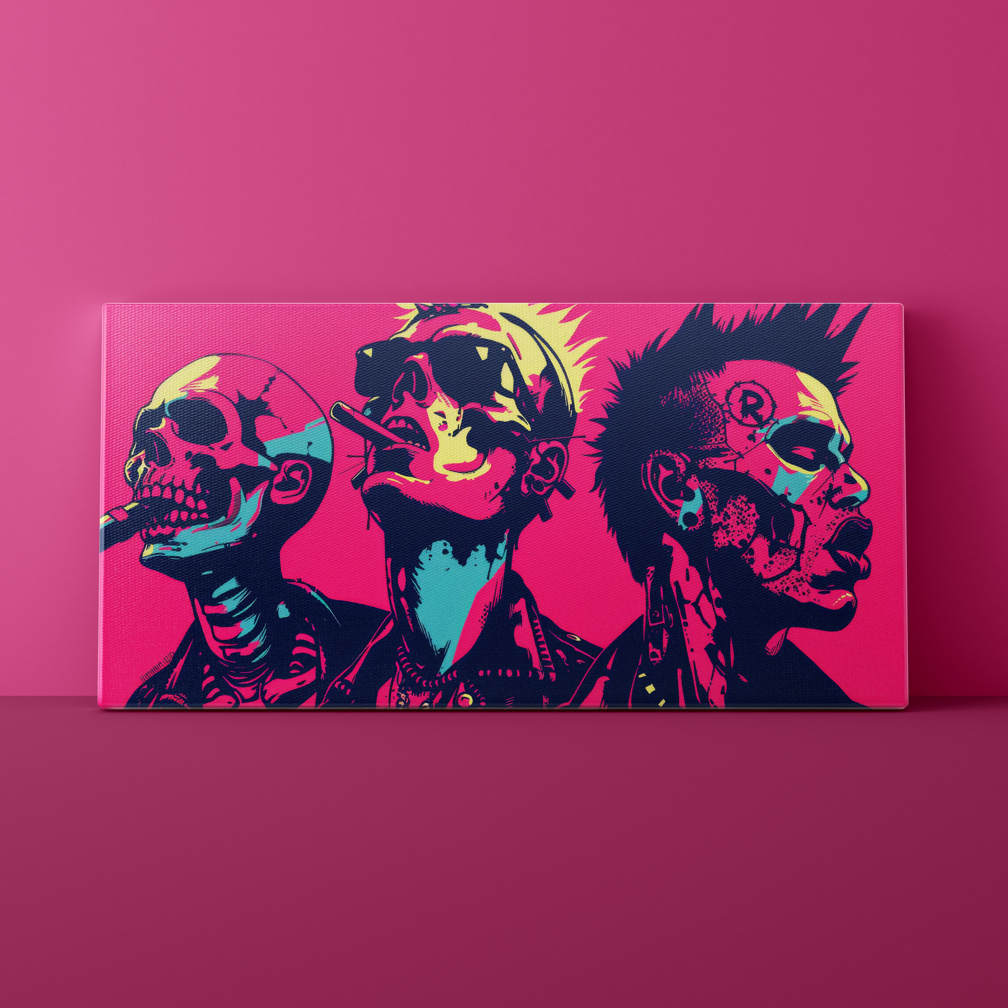 Canvas print with stylized portraits on a pink background