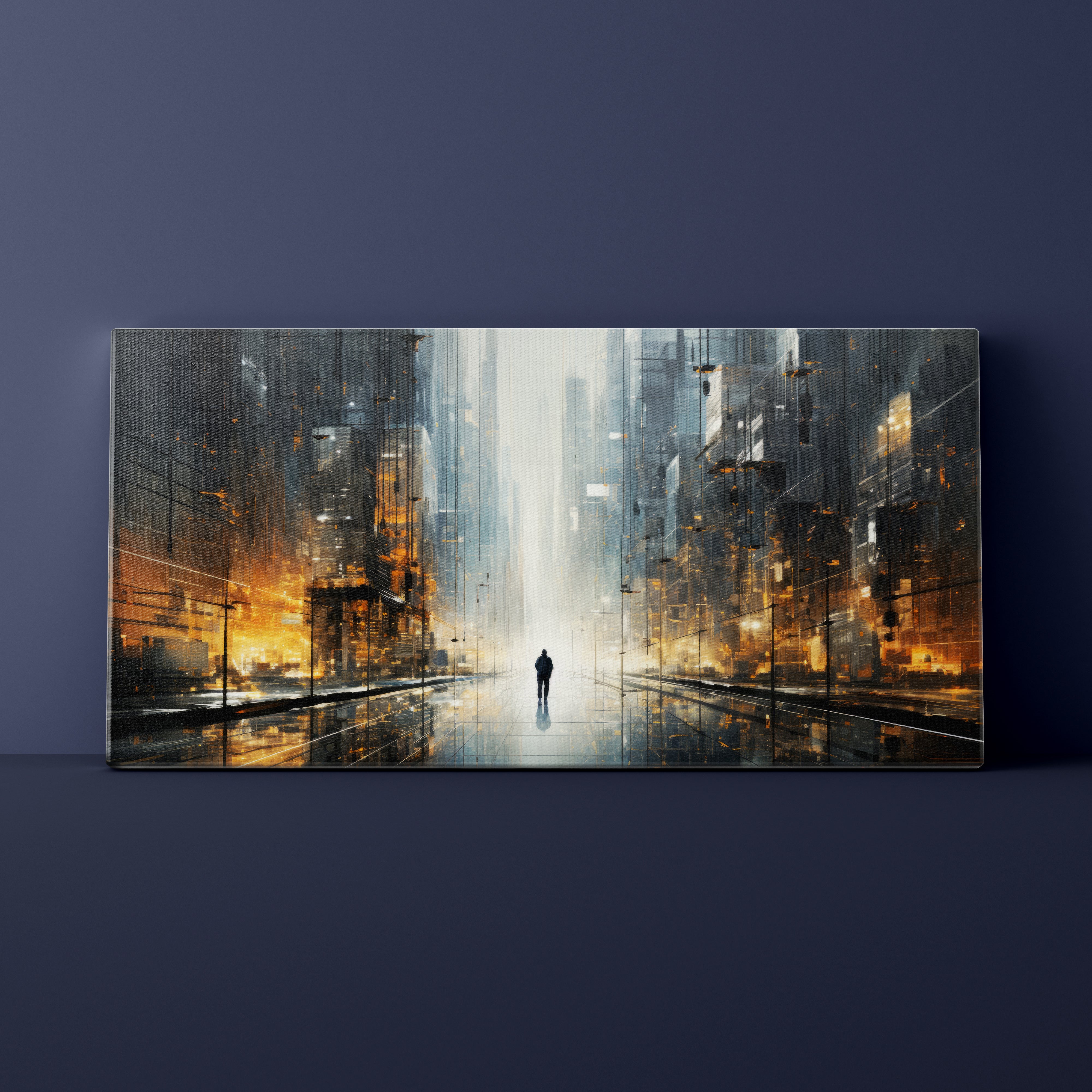 Futuristic cityscape with a lone figure on a dark blue background