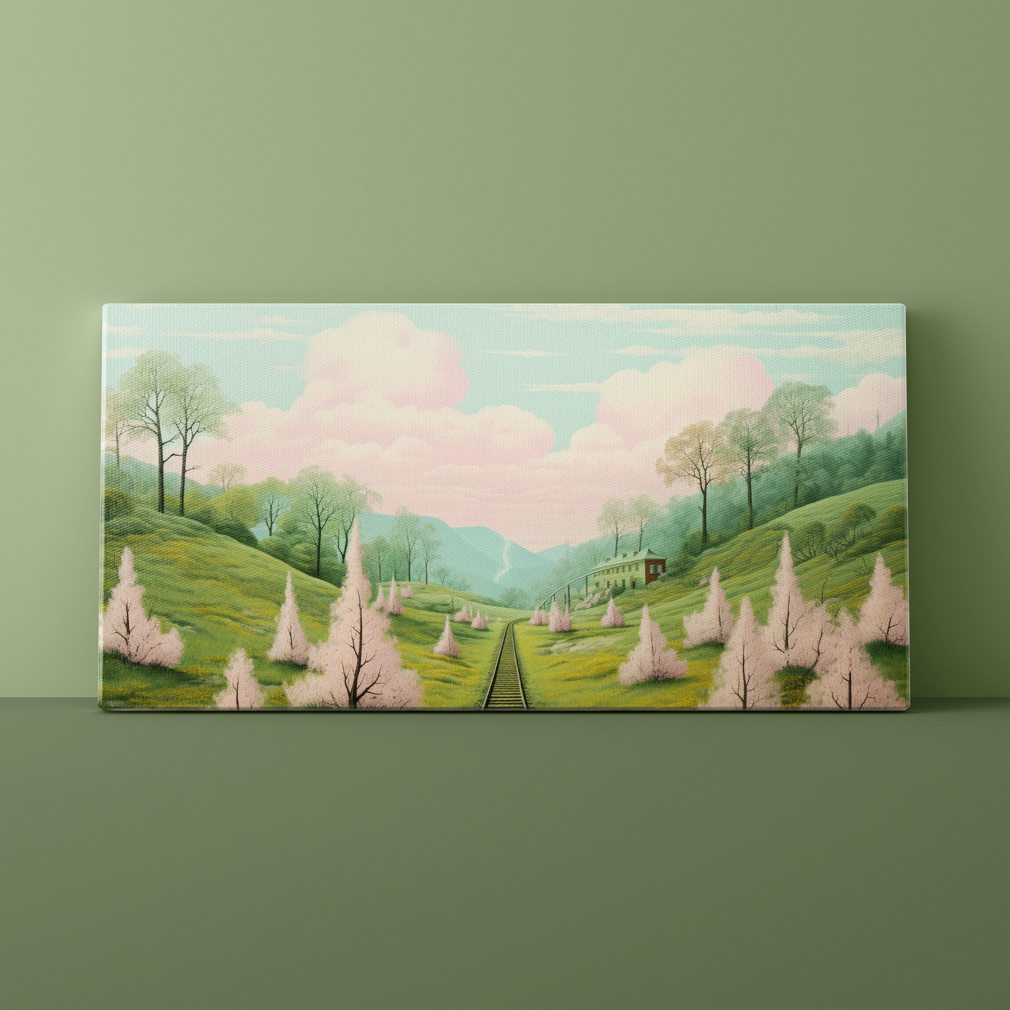 Canvas print of a scenic landscape with trees and a house on a green wall.