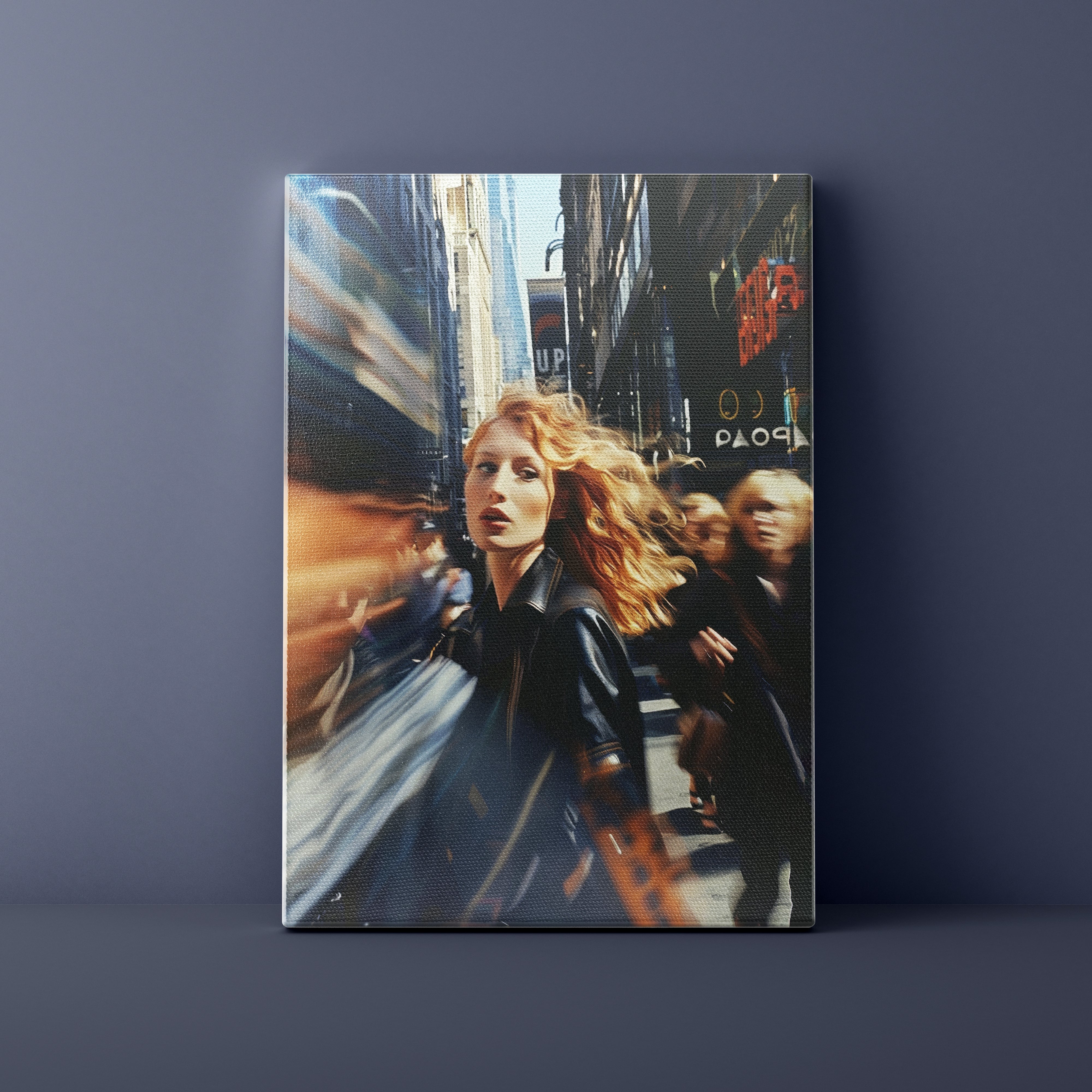 Canvas print of a woman in a city street with blurred motion effect
