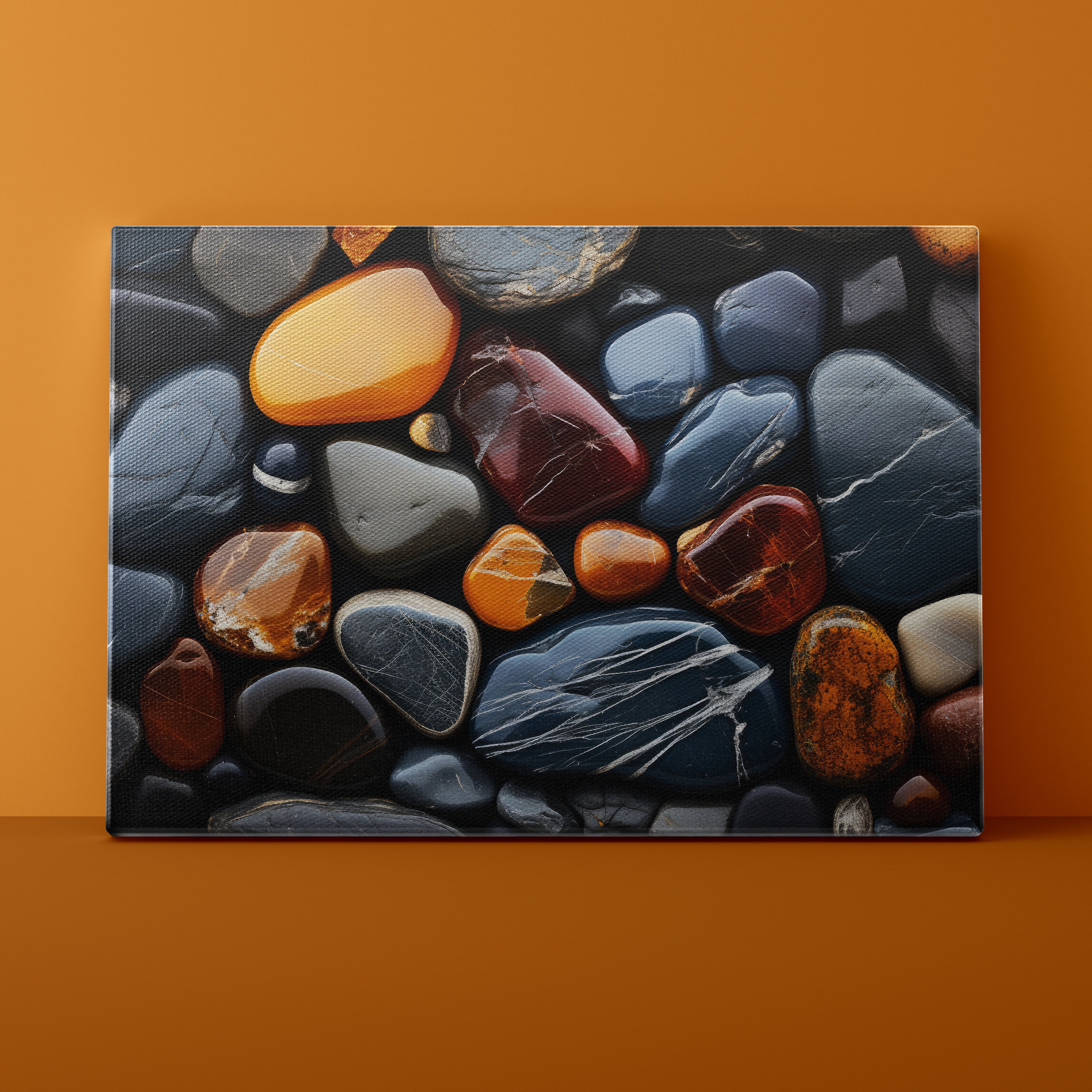 Canvas print of pebbles with a dark background on an orange wall.