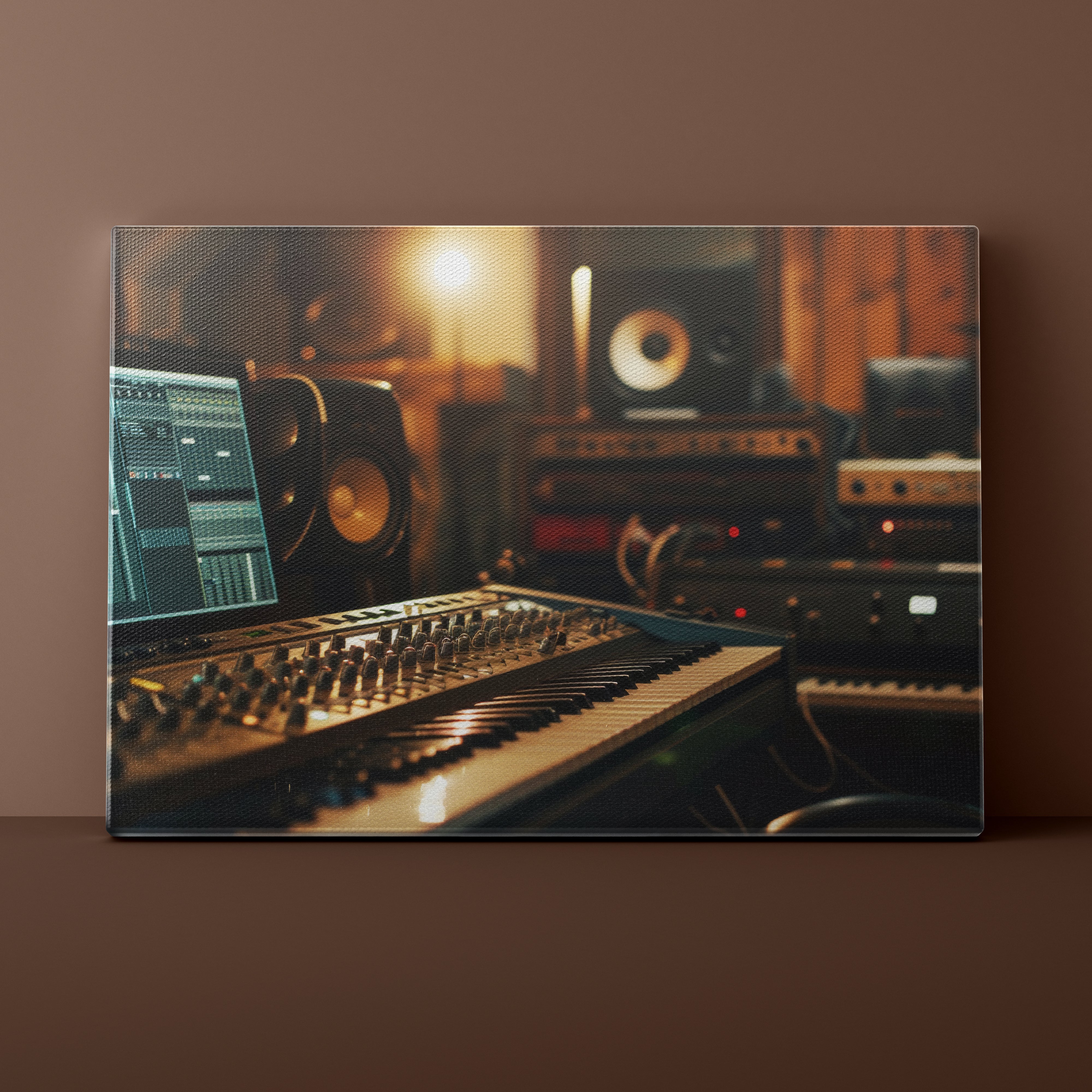 Music production setup with mixing console, laptop, and speakers in a studio.