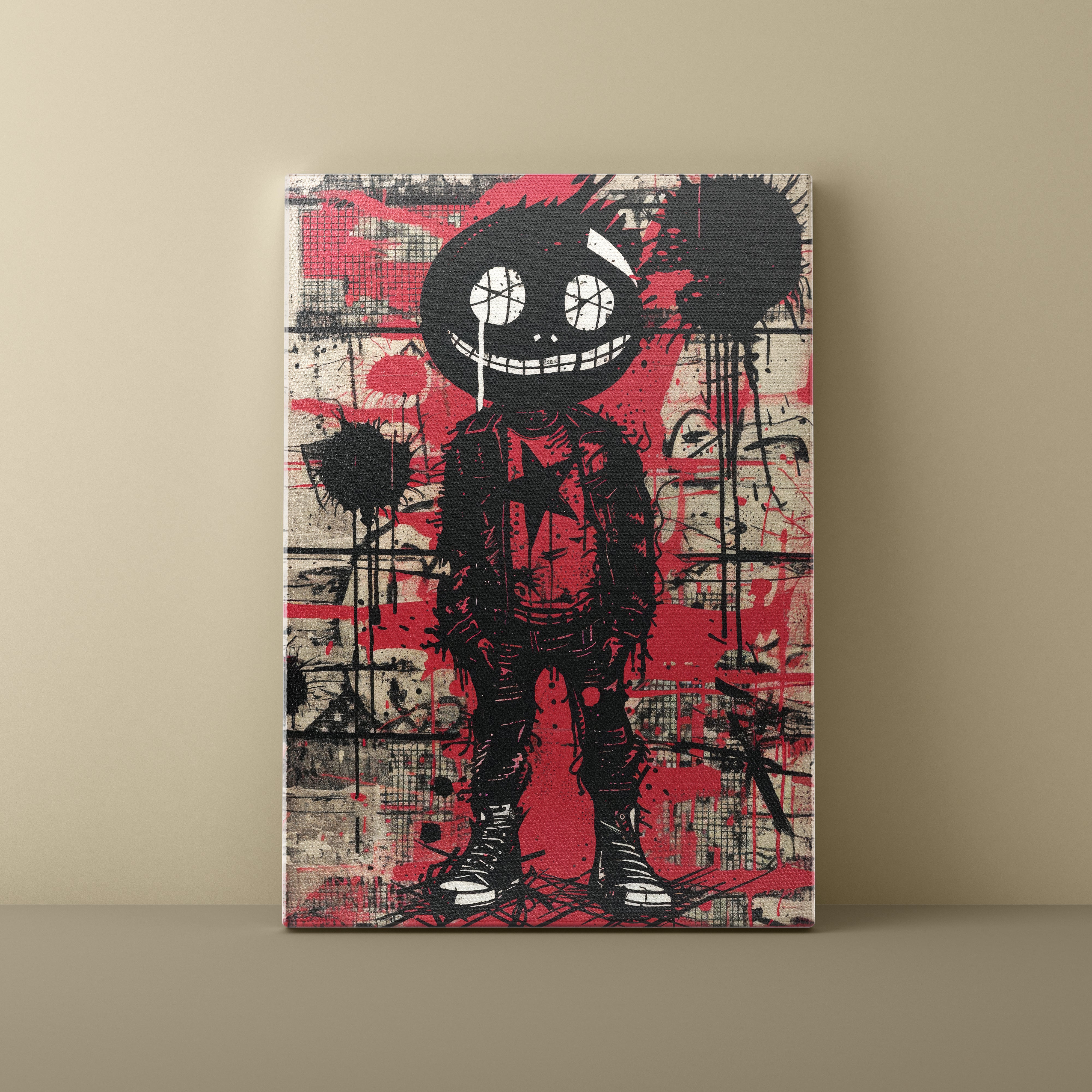 Canvas print of a stylized character with a red and black abstract background on a beige wall.