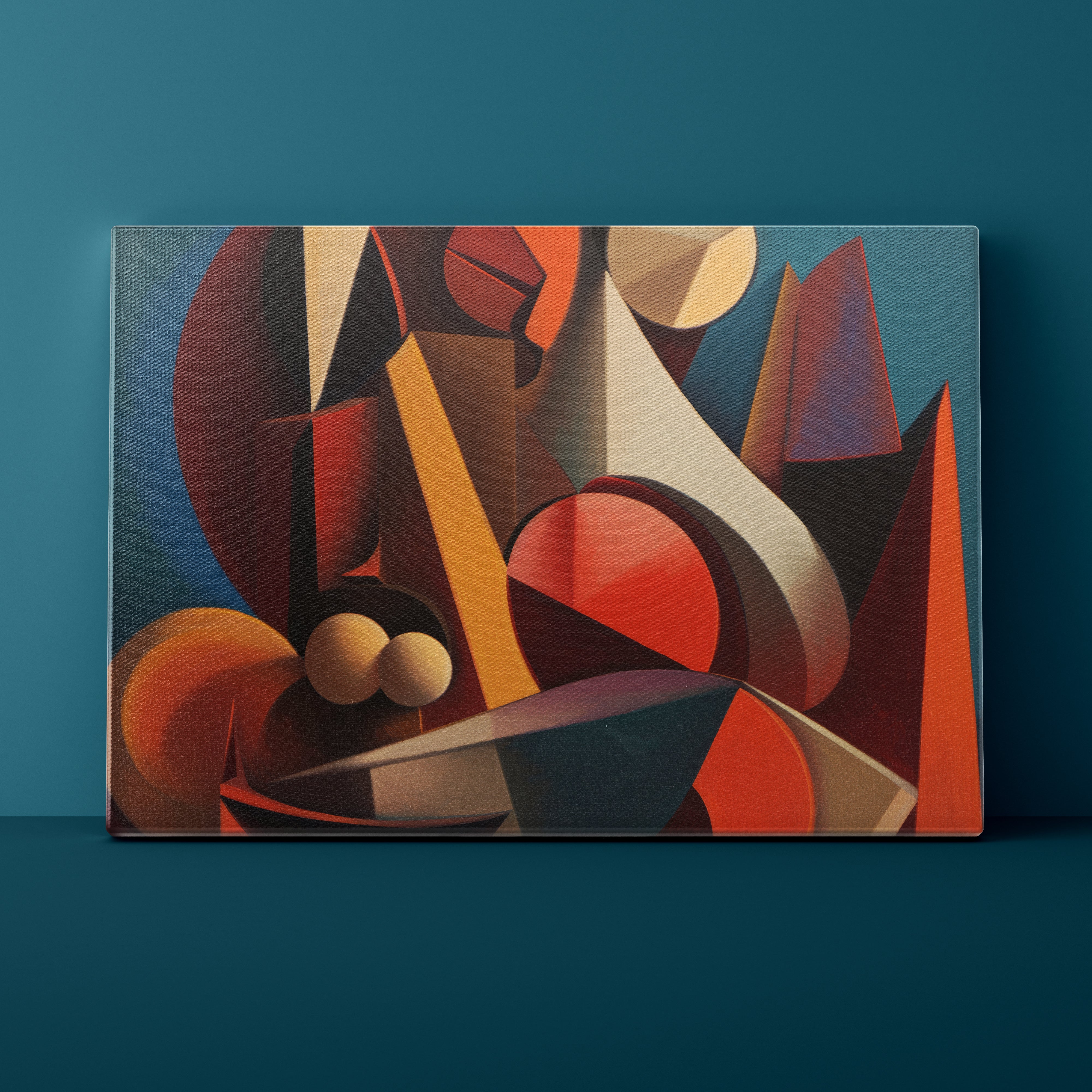 Abstract art painting with geometric shapes on a teal background
