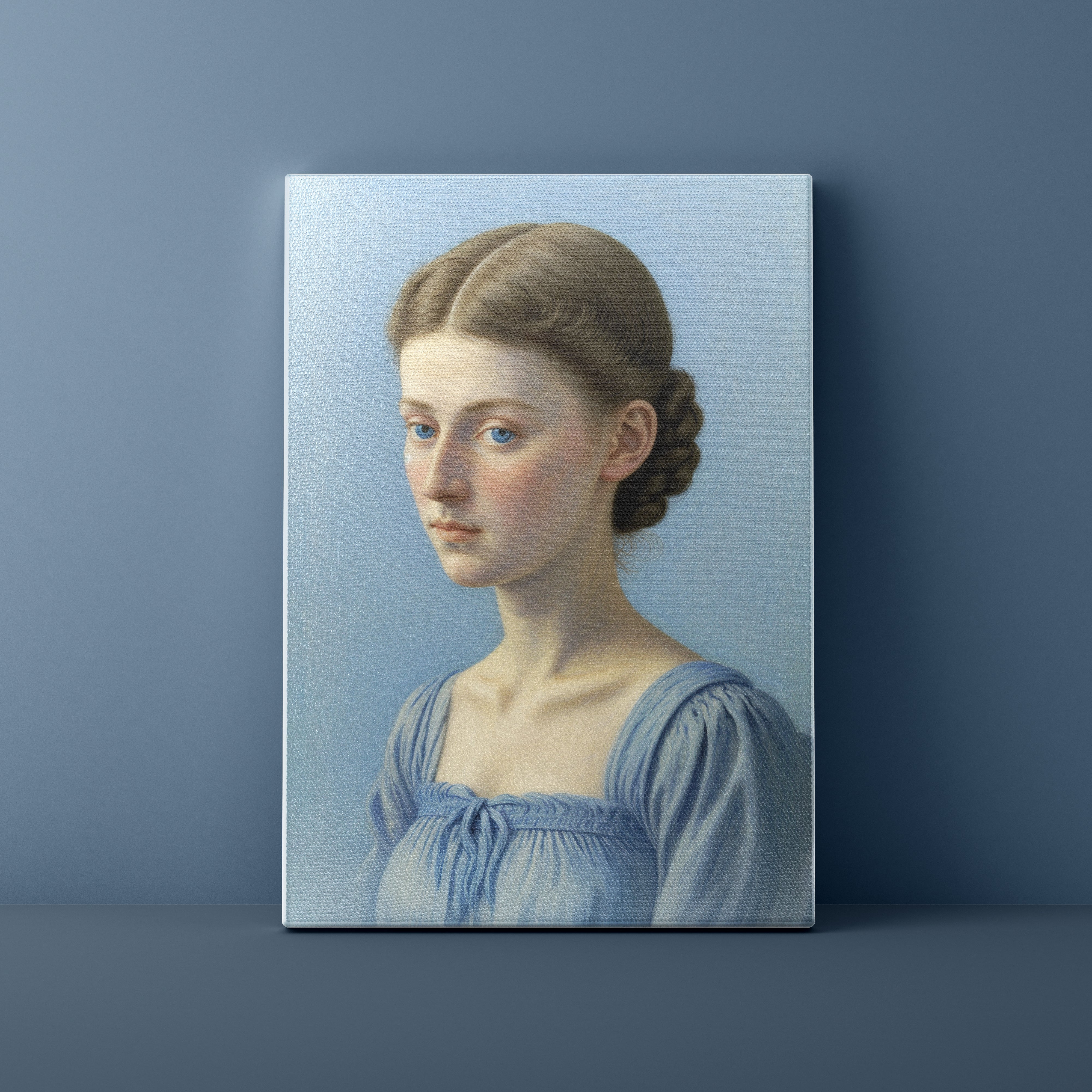 Canvas print of a classical portrait of a woman against a blue background