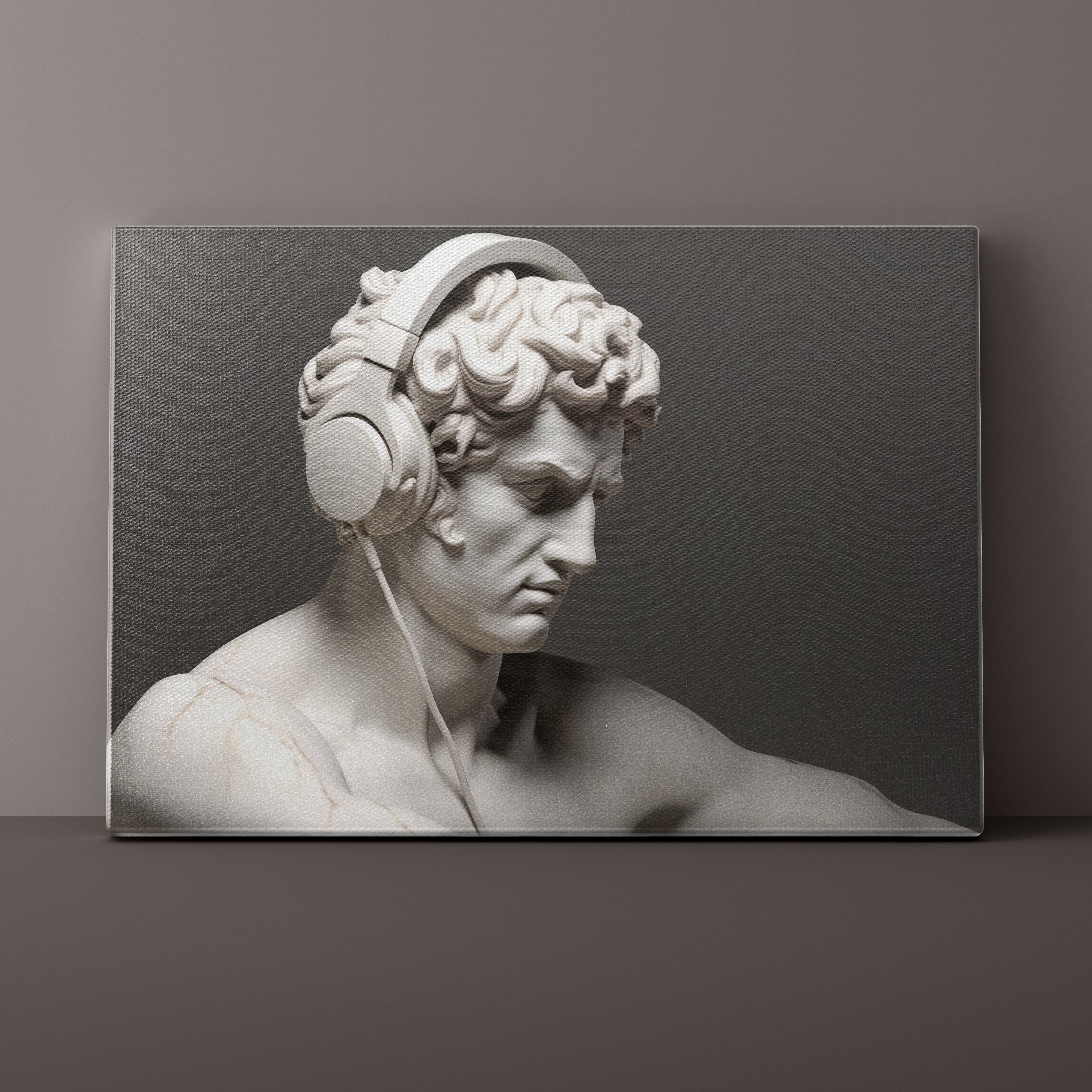 Statue of a classical figure wearing modern headphones on a gray background