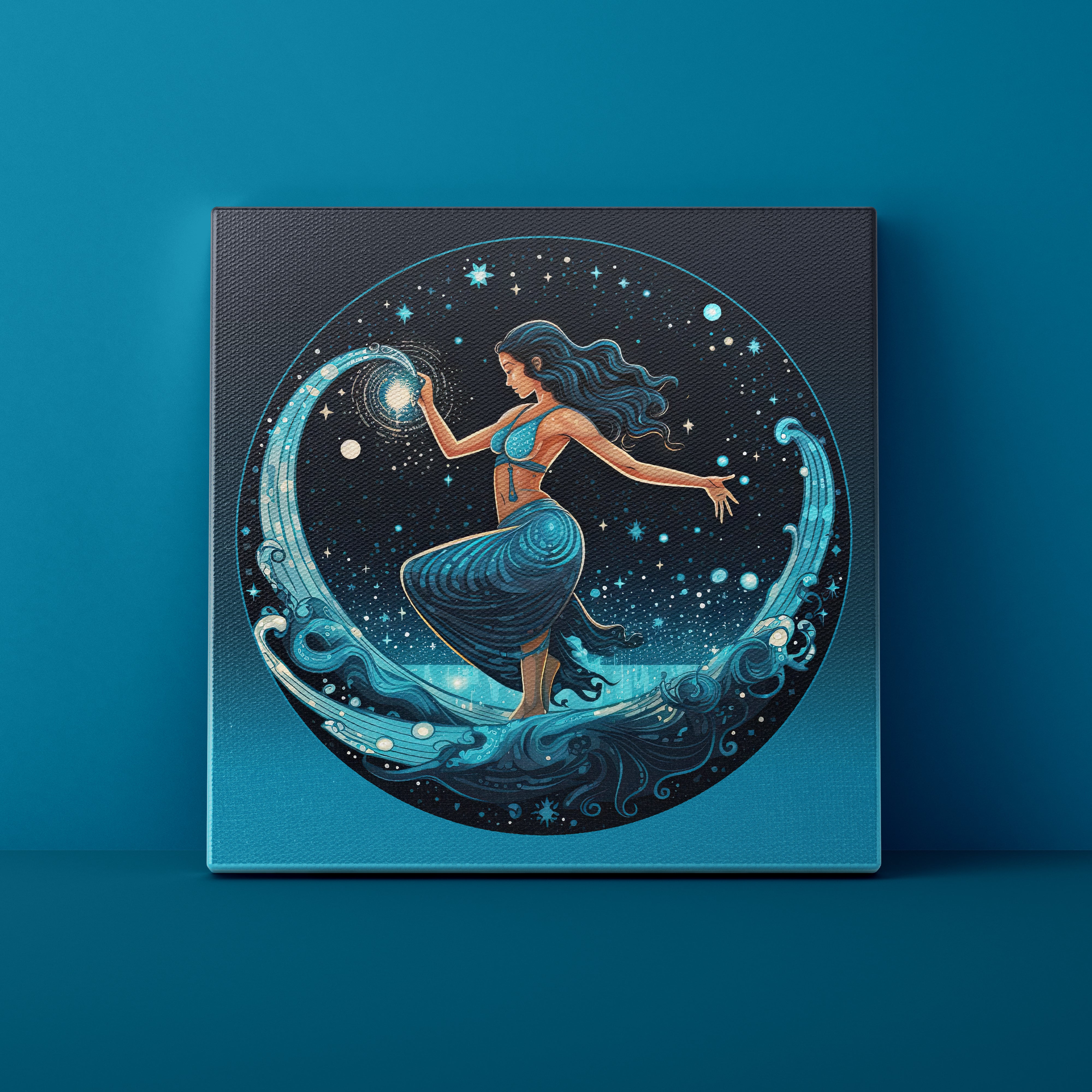 Canvas print with a woman holding a star in a celestial design on a blue background