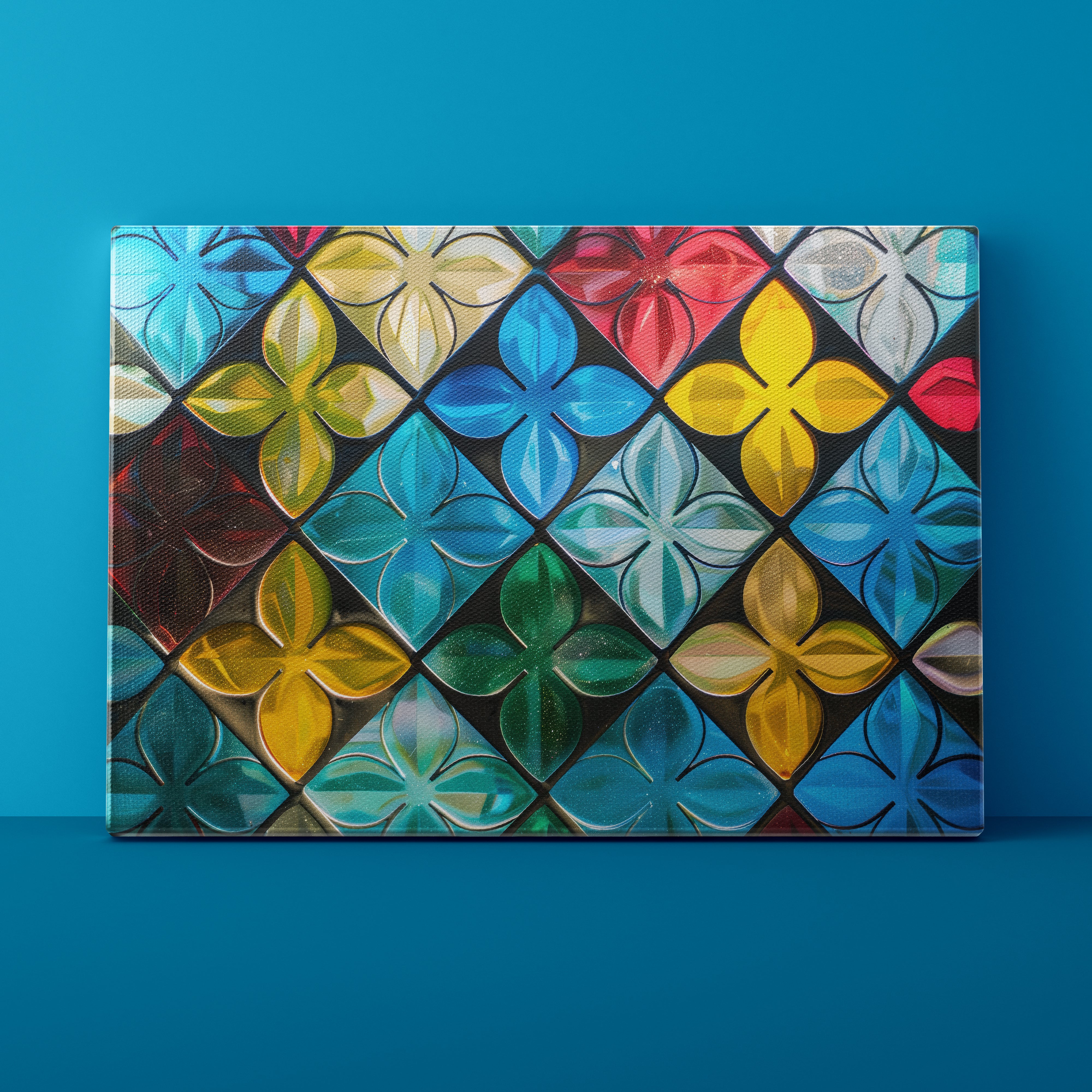 Canvas print with a colorful geometric floral pattern on a blue background