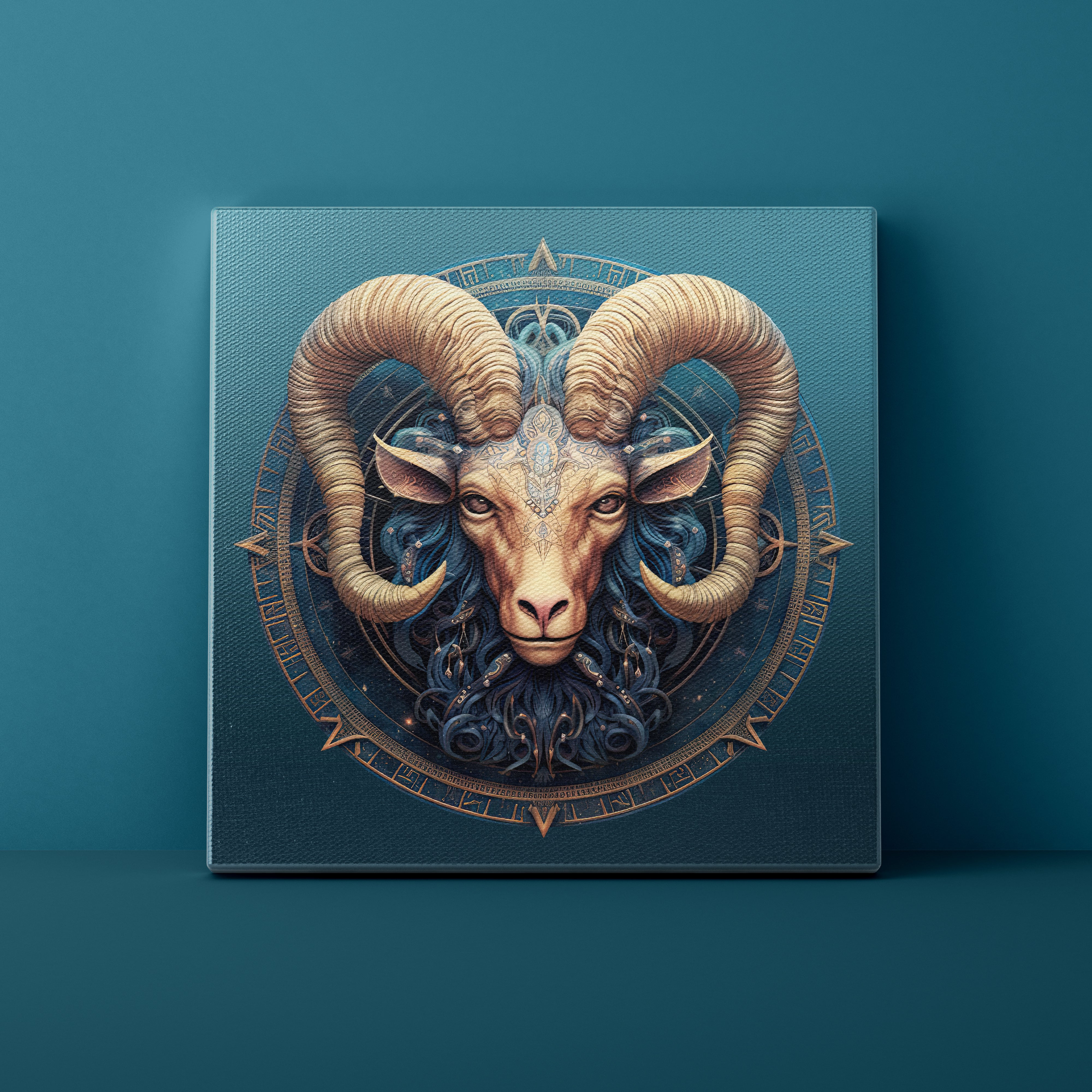 Decorative wall art with a ram's head design on a teal background