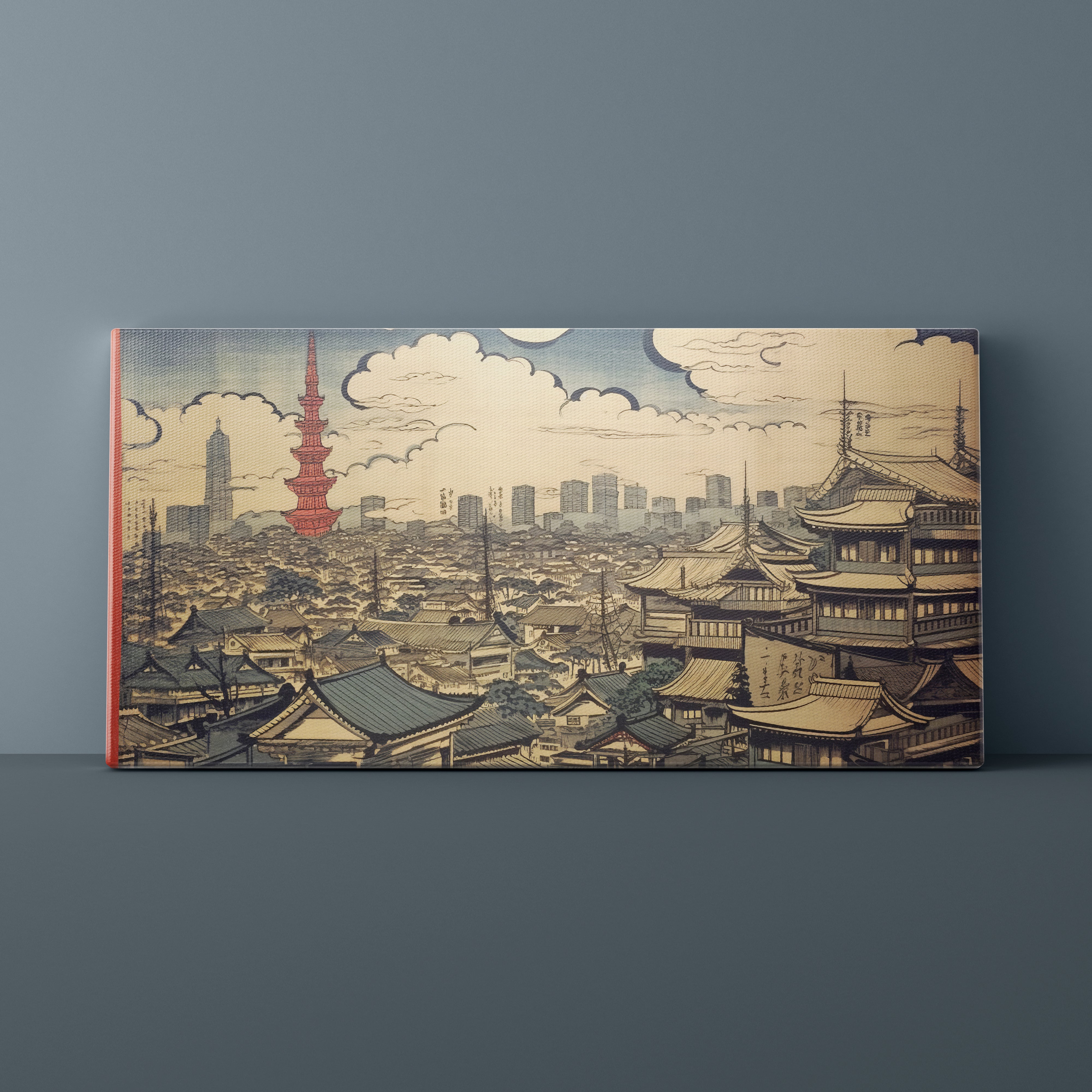 Canvas print with a blend of traditional Japanese architecture and modern skyscrapers on a dark gray background