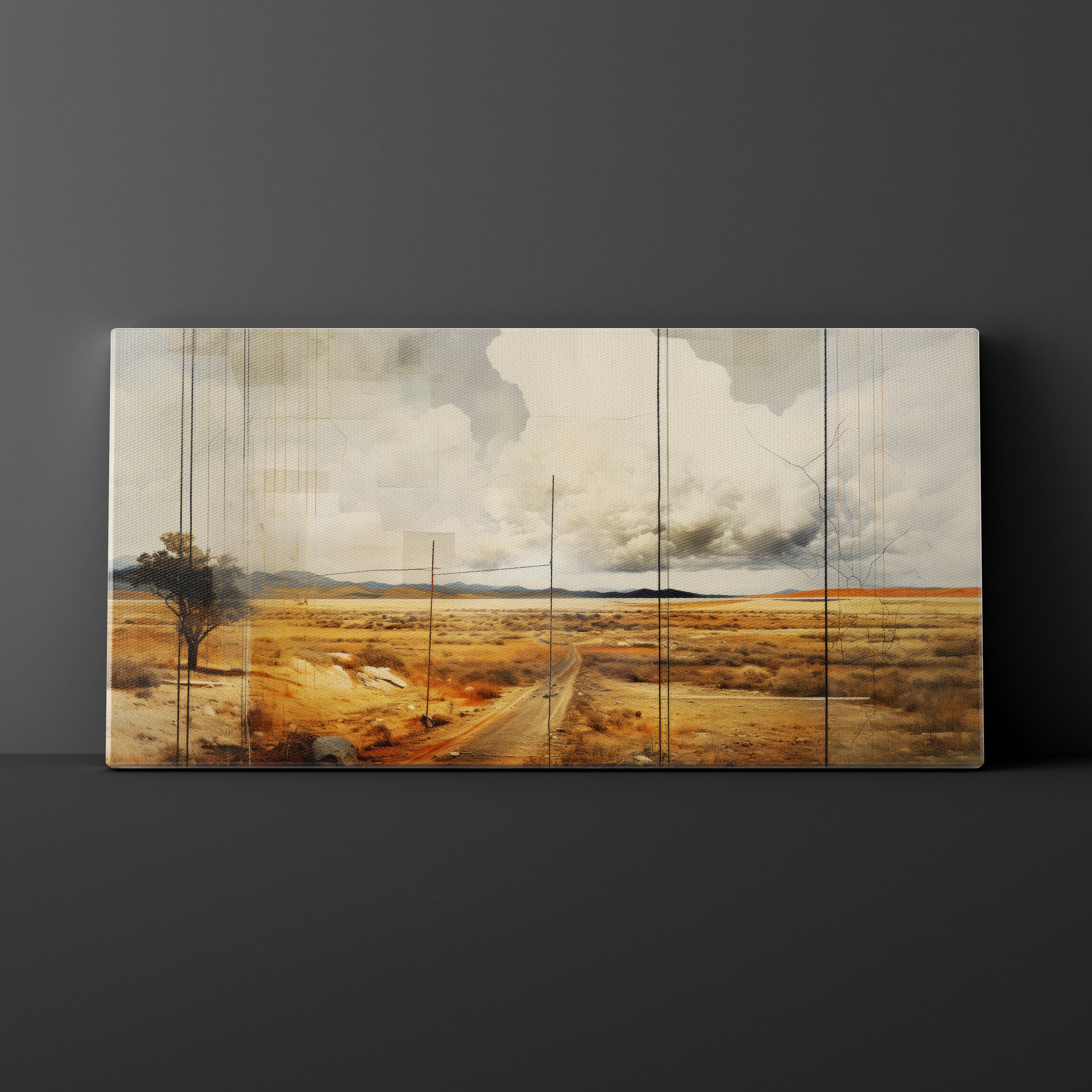 Multiframe artwork of a landscape with a road and trees on a dark gray background