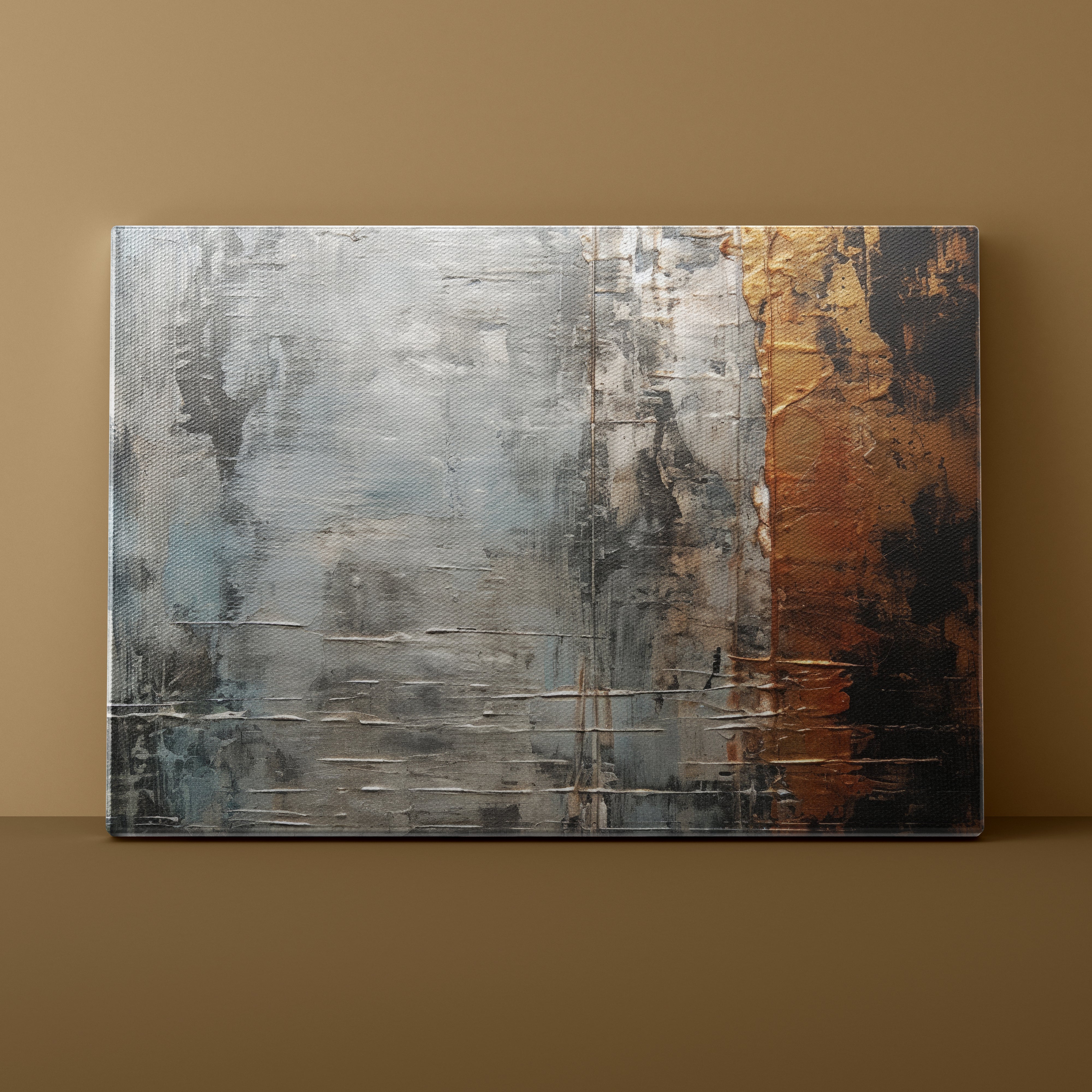 Abstract painting with gold and black accents on a brown wall