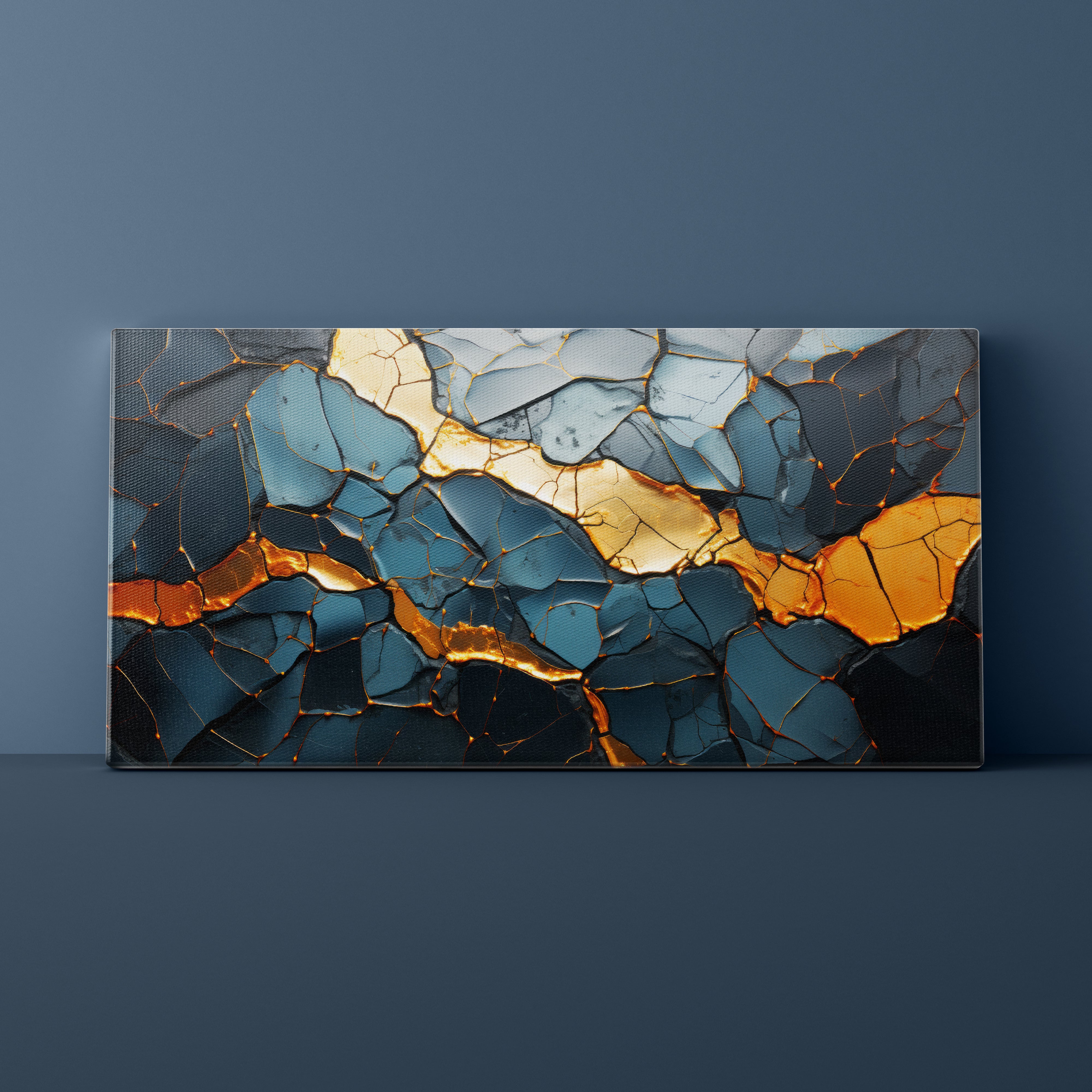 Abstract mosaic art piece with blue, gold, and orange colors on a dark blue background