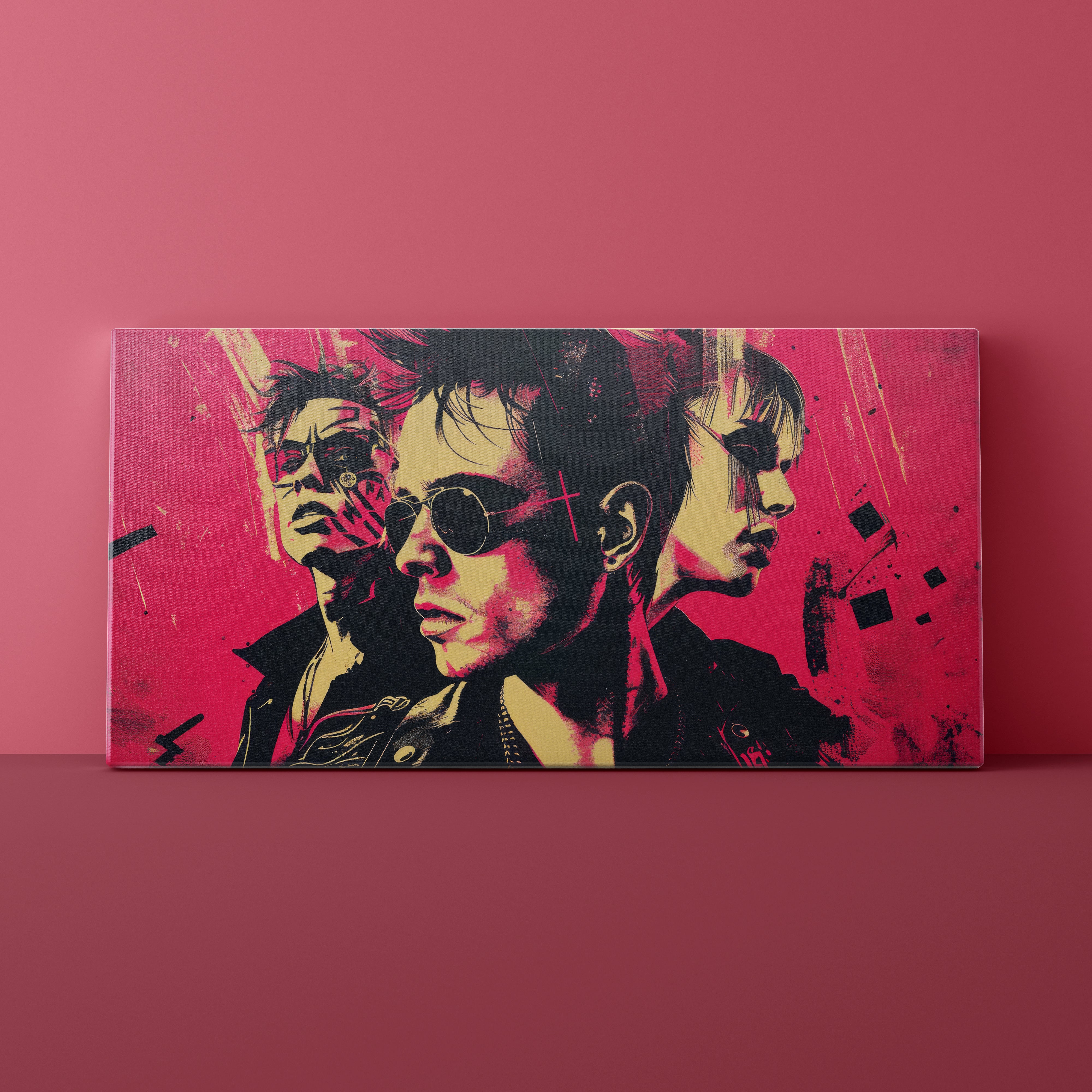 Artistic depiction of a person with sunglasses on a pink background