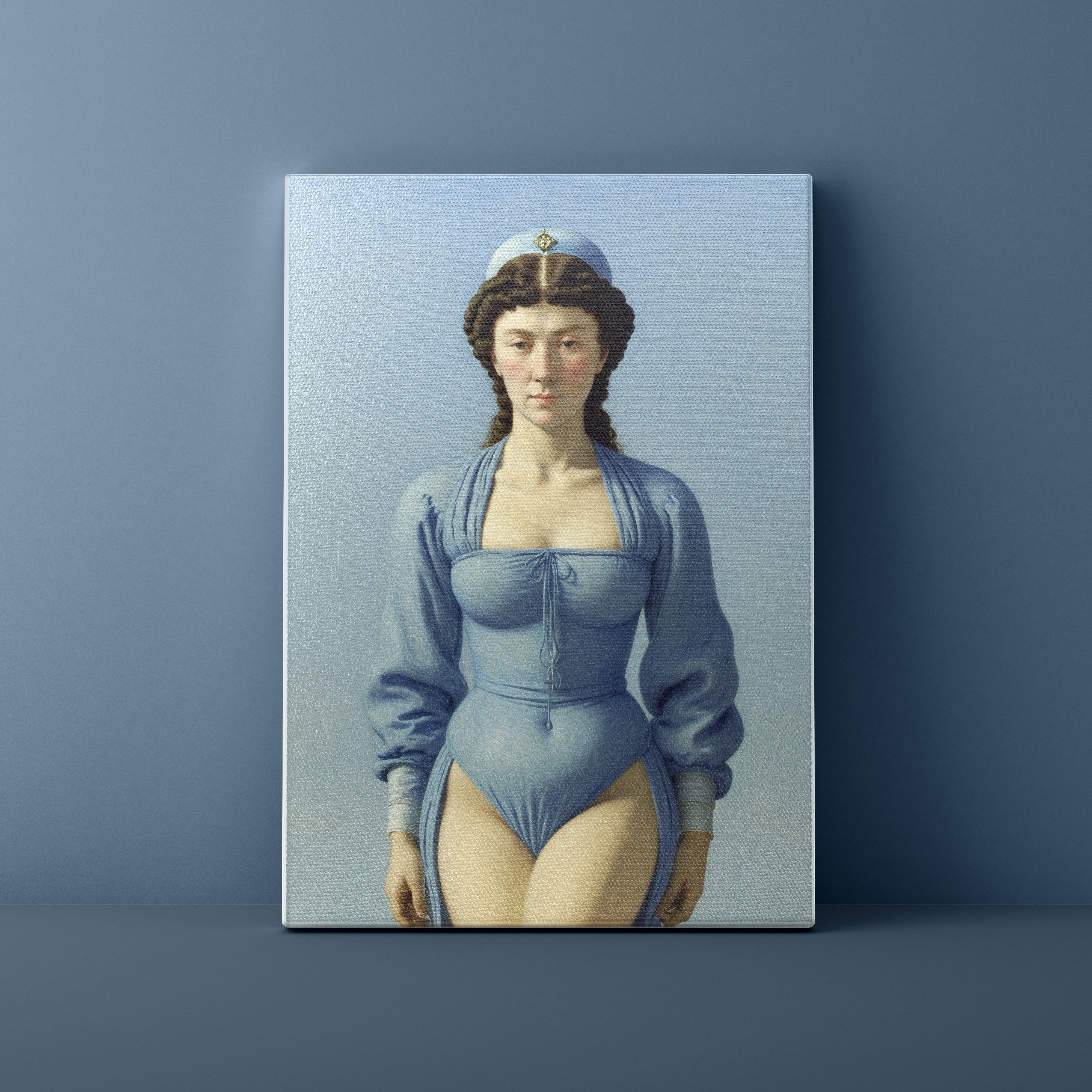 Canvas print of a person wearing a blue swimsuit against a blue background