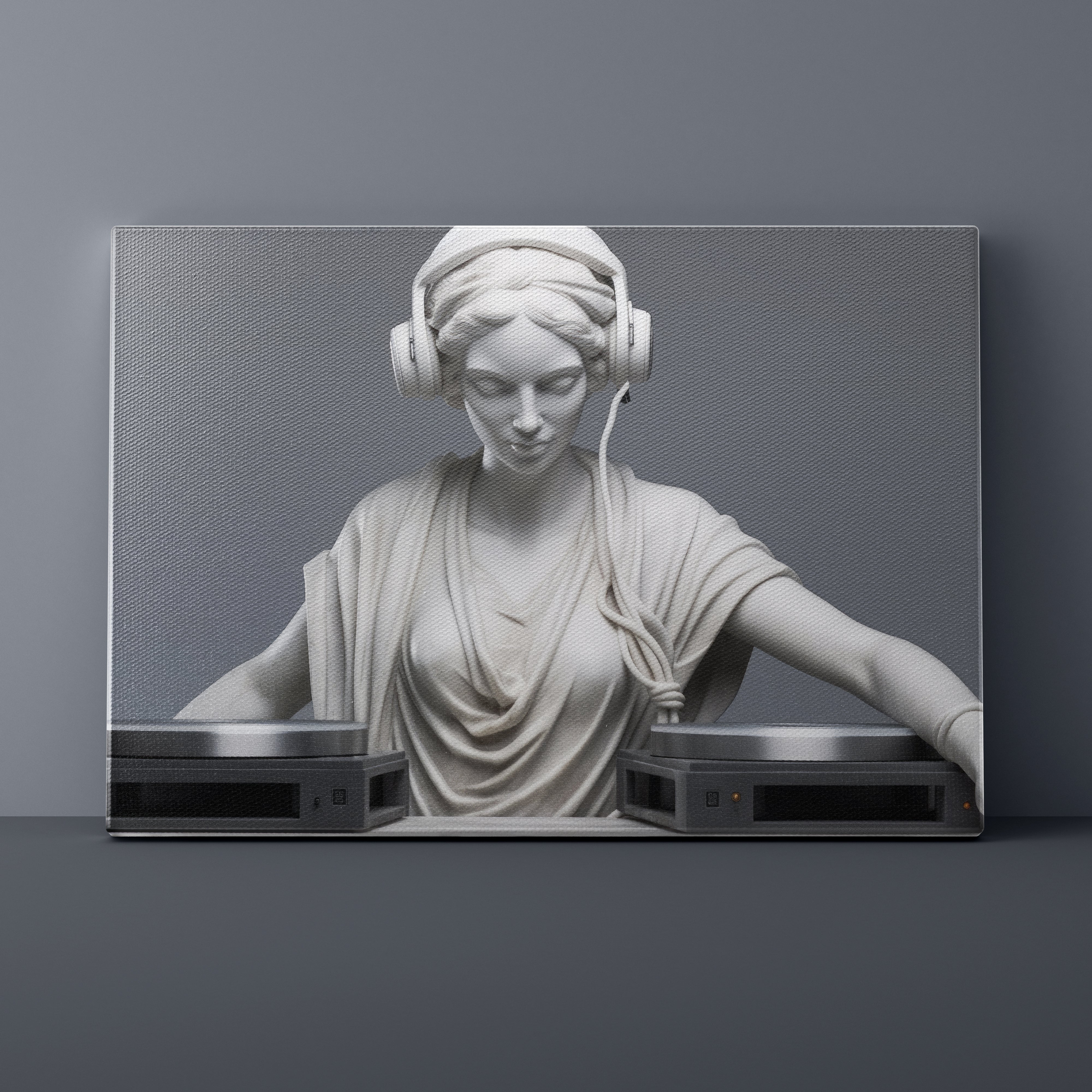 Statue of a woman wearing headphones with turntables on a gray background