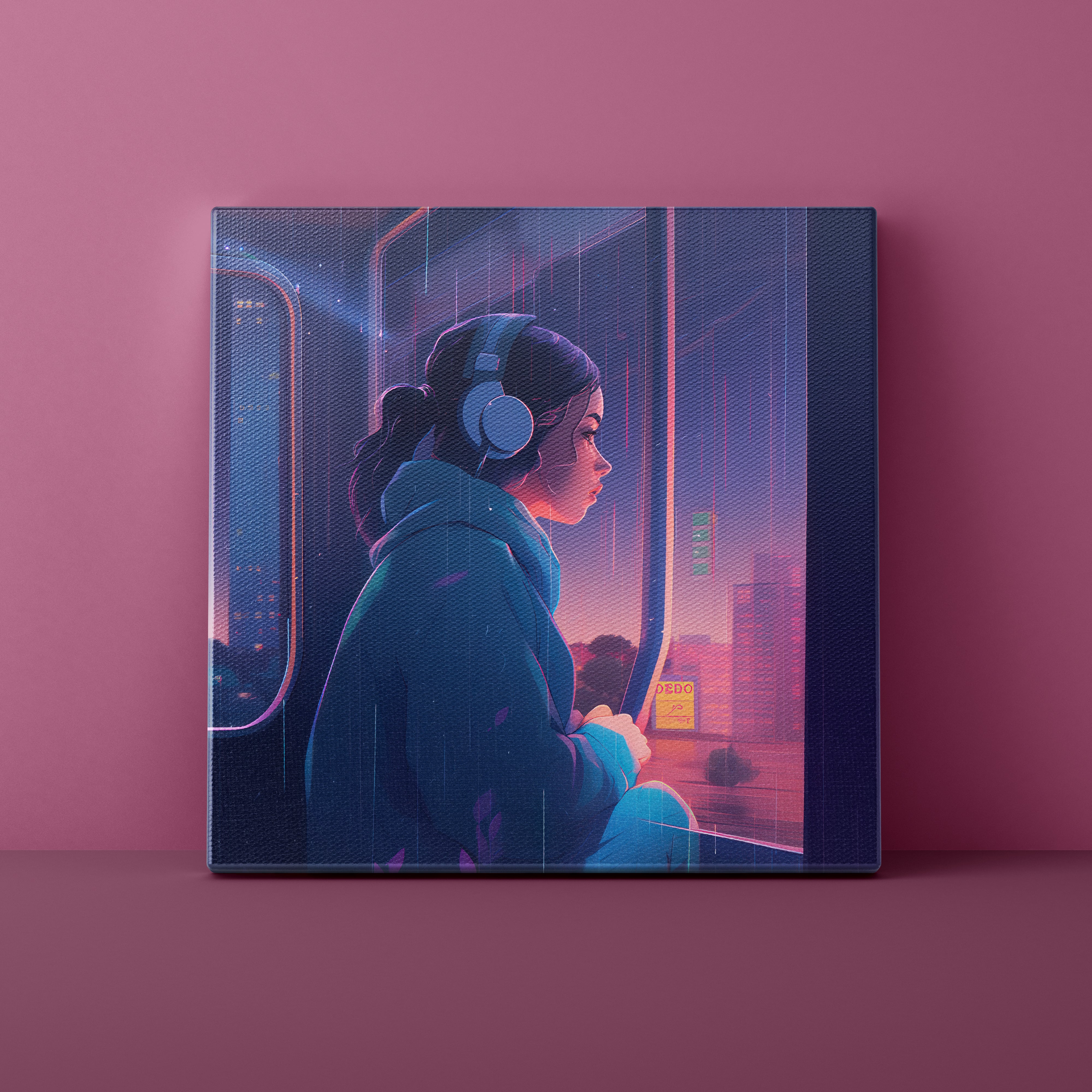 Futuristic cityscape with a person wearing headphones on a pink background