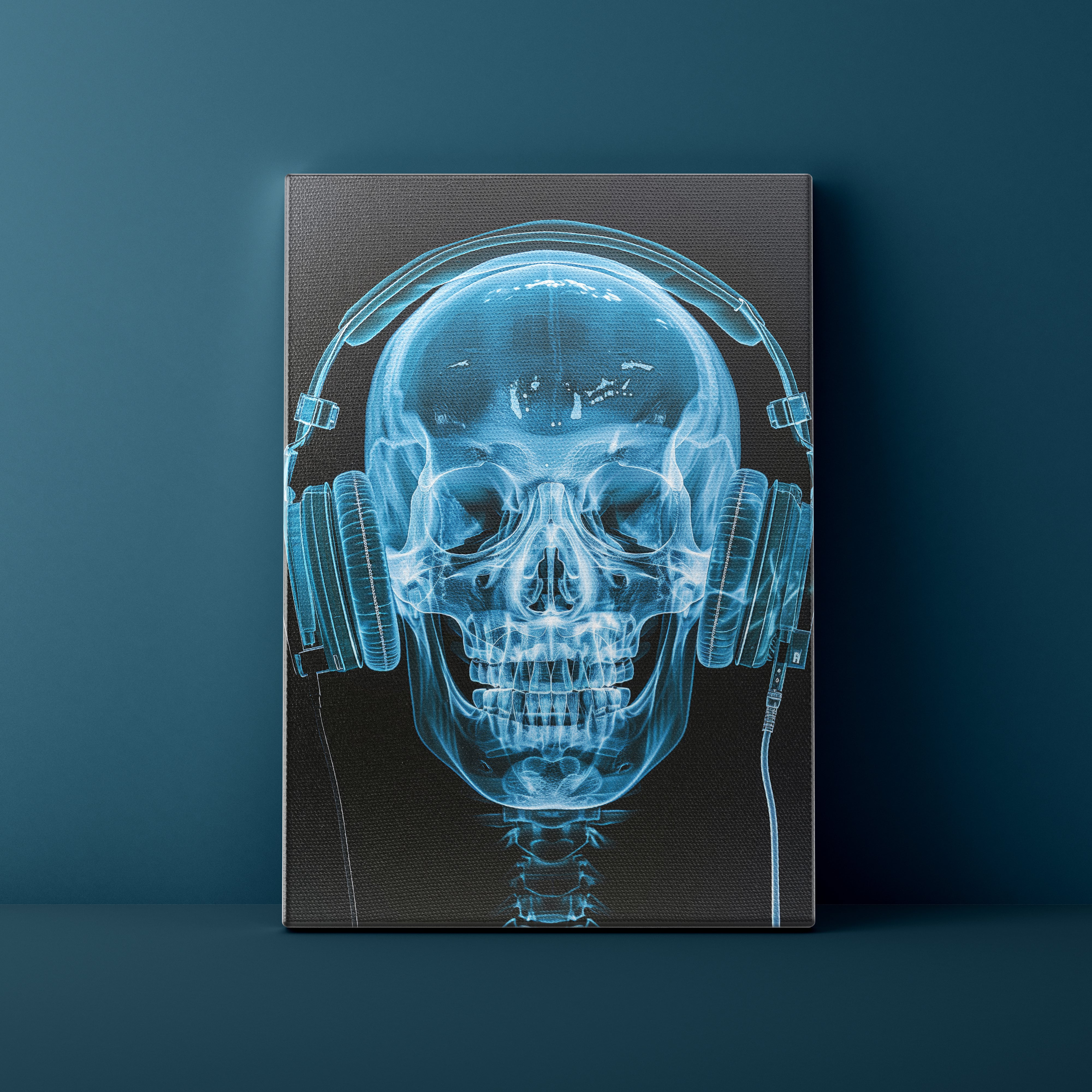 Canvas print with an X-ray-style skull wearing headphones on a dark blue background