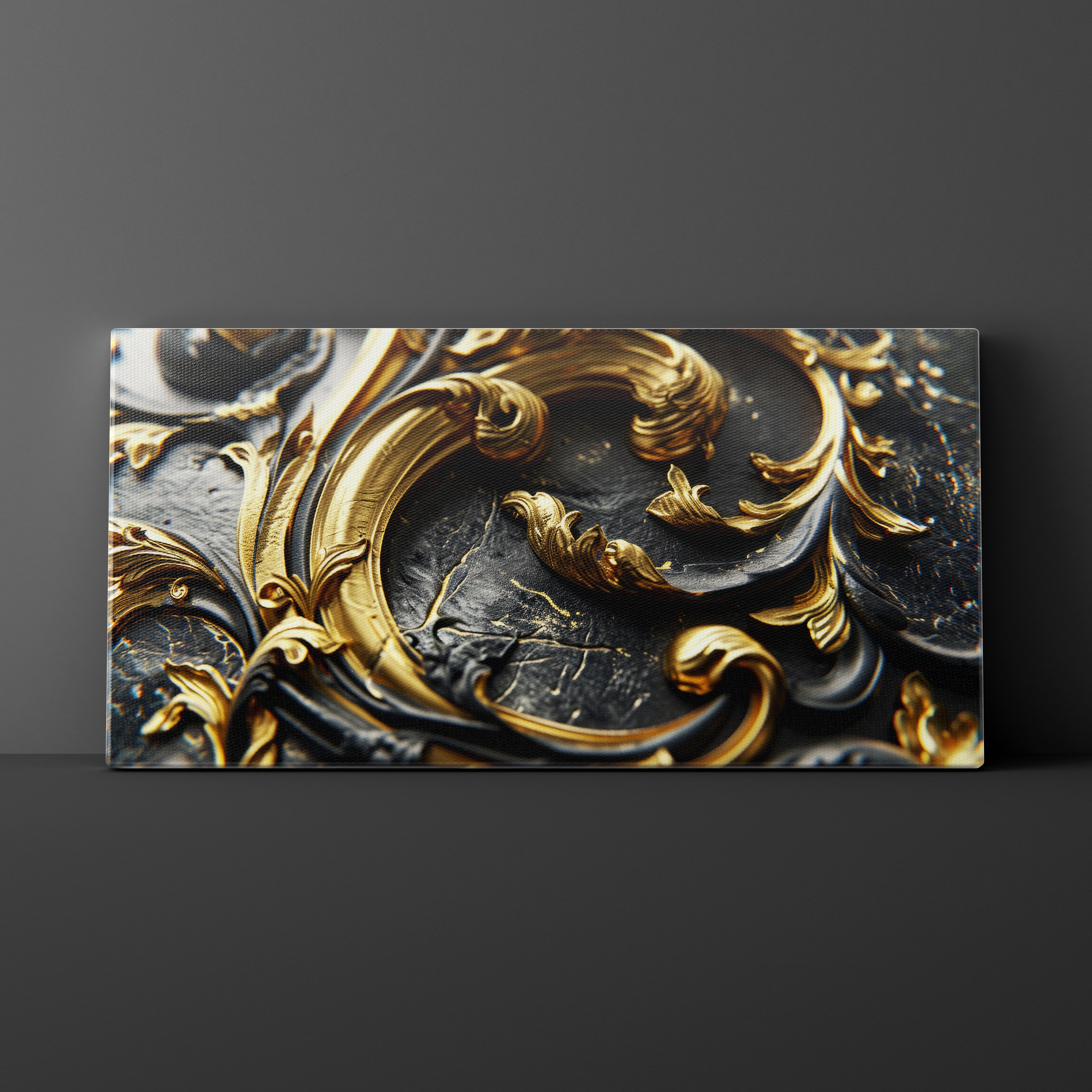 Decorative panel with gold and black intricate design on a dark background