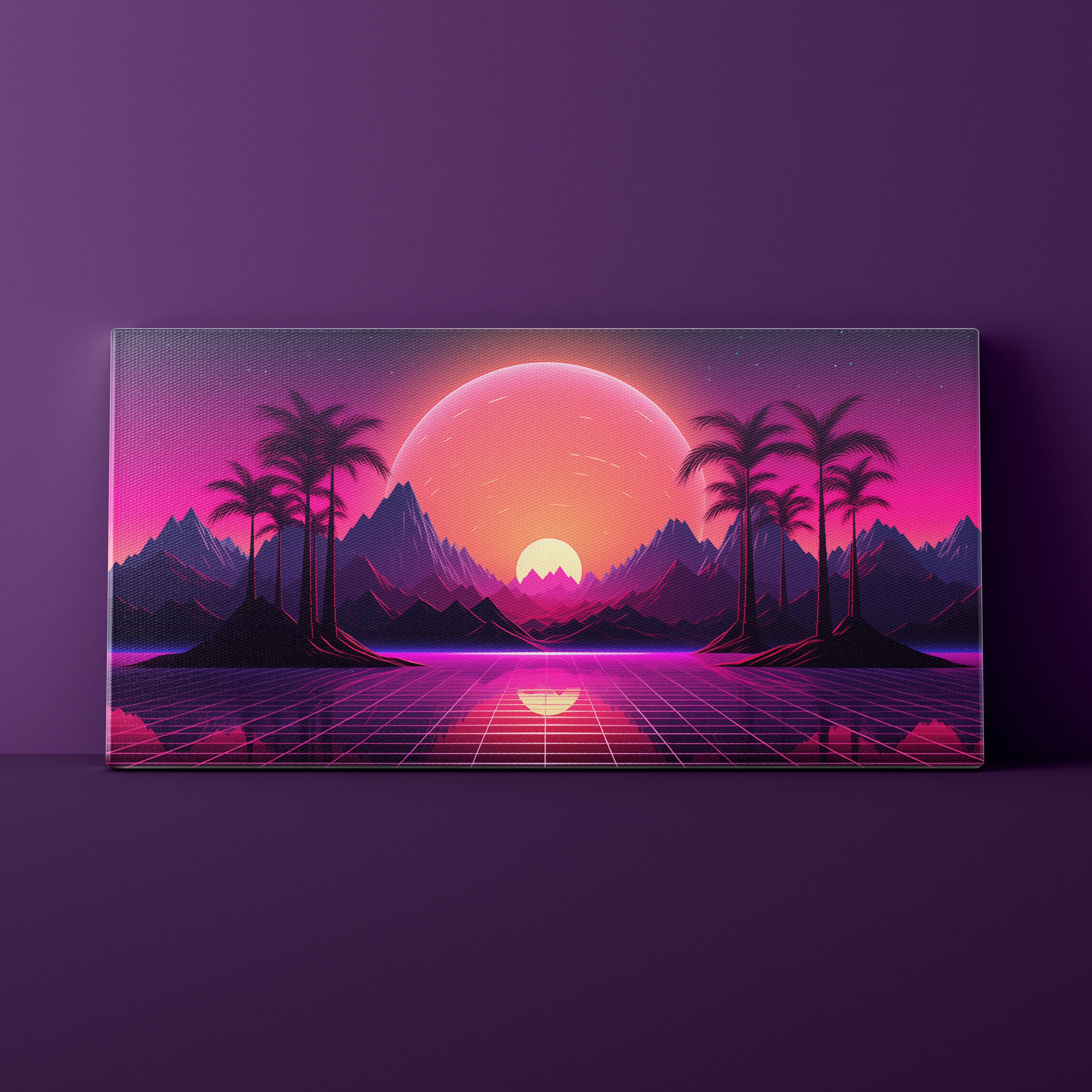Futuristic landscape with pink sun, mountains, and palm trees on a purple background