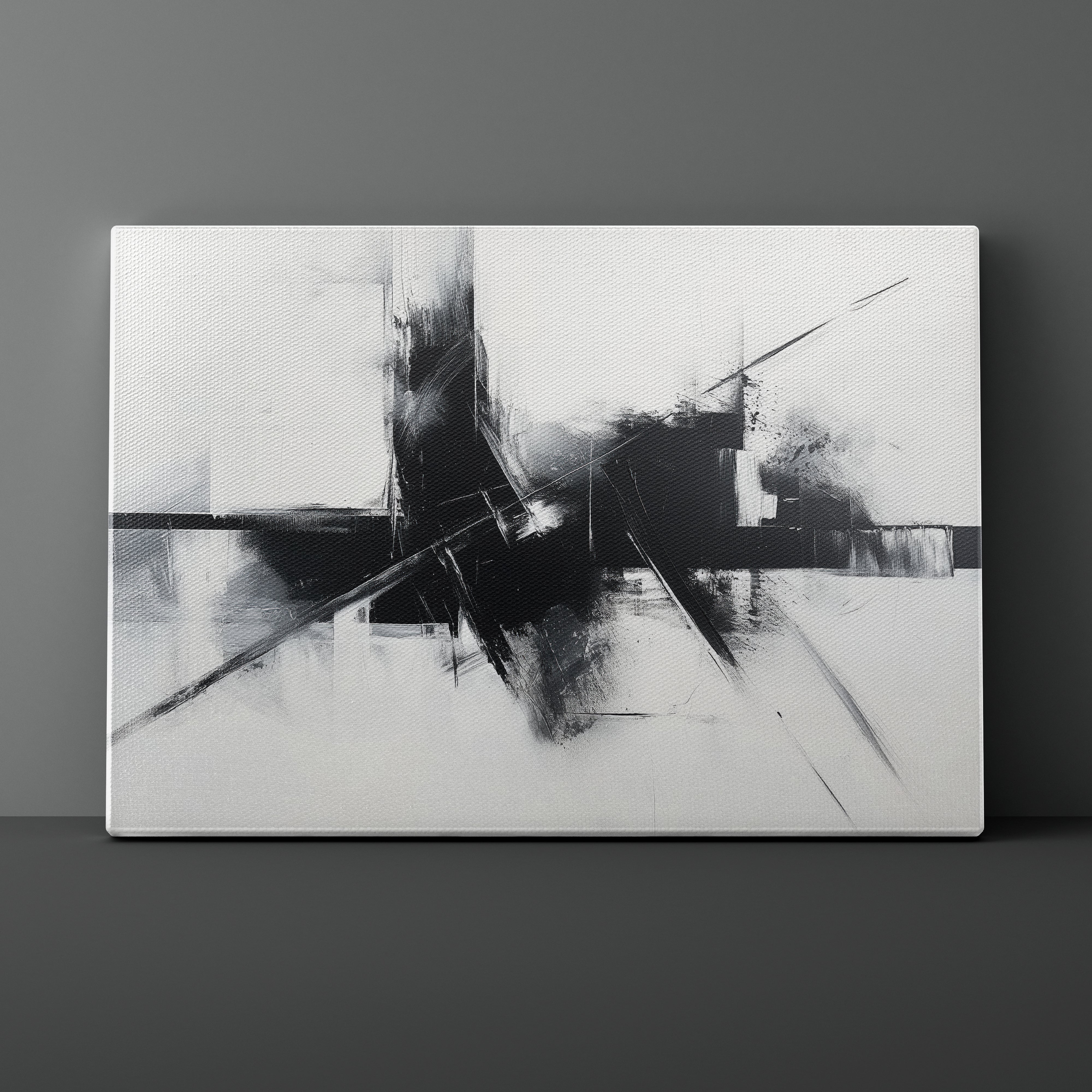 Abstract black and white painting on a gray wall