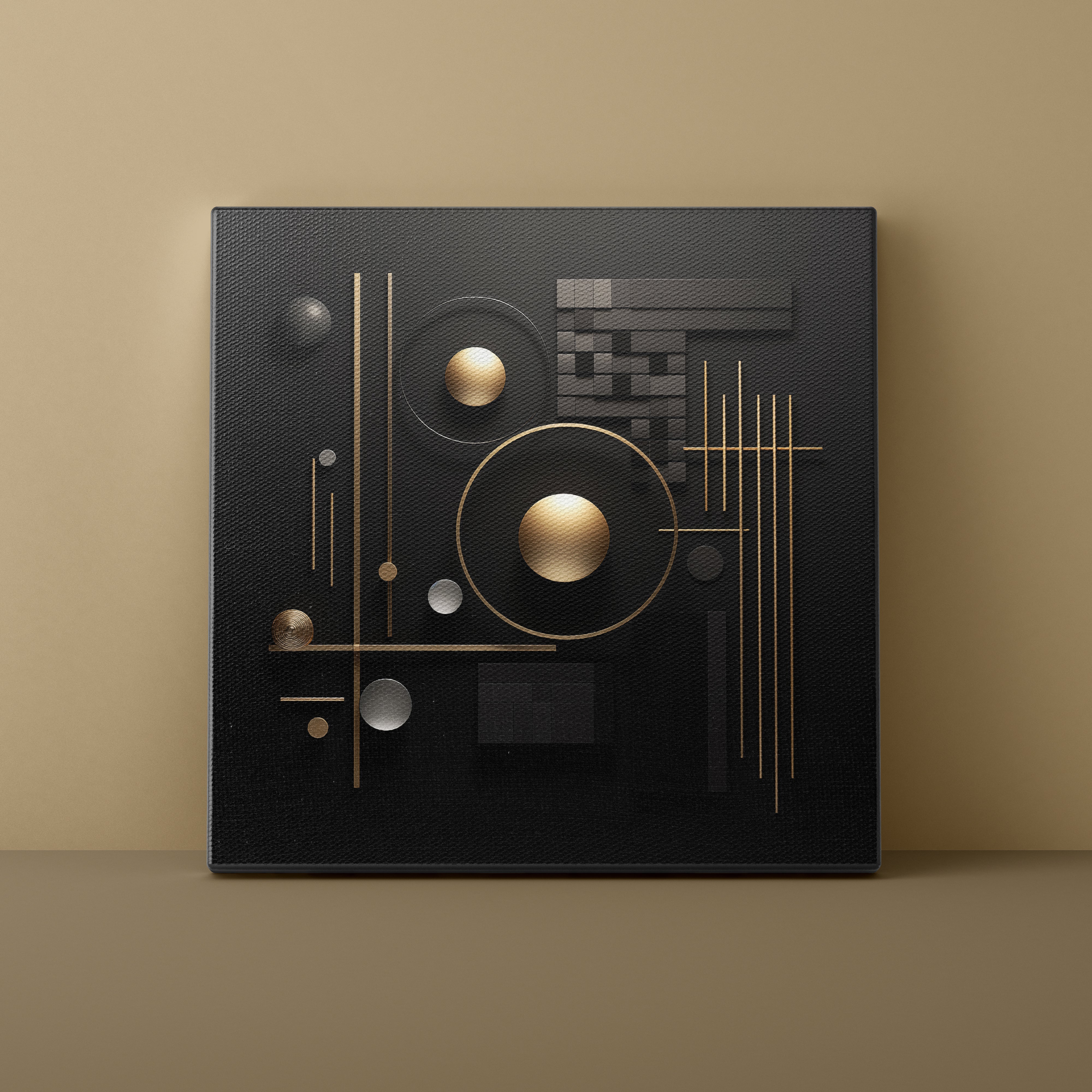 Abstract geometric design on a black background with gold accents against a beige wall.