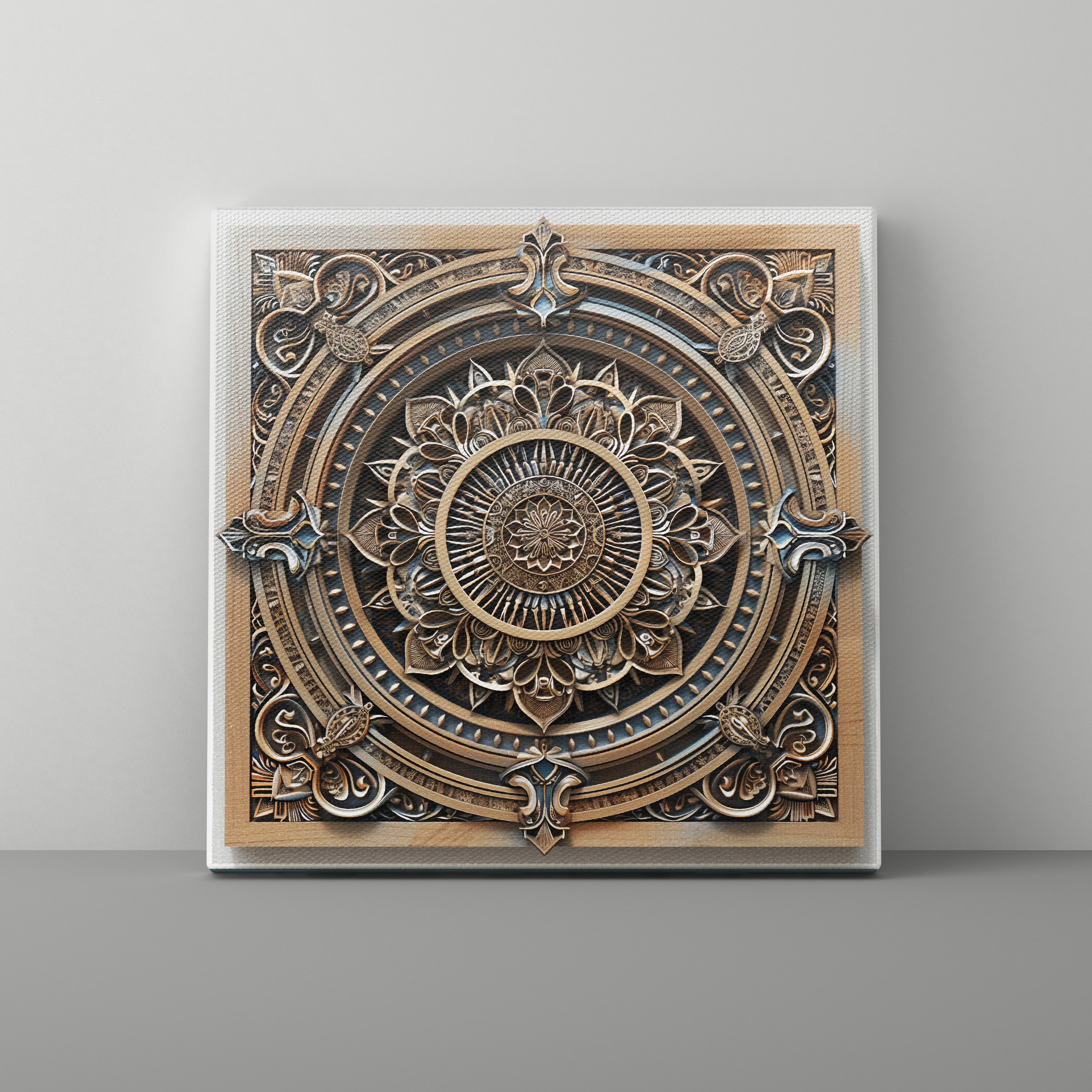 Decorative wall art with intricate circular design on a gray background