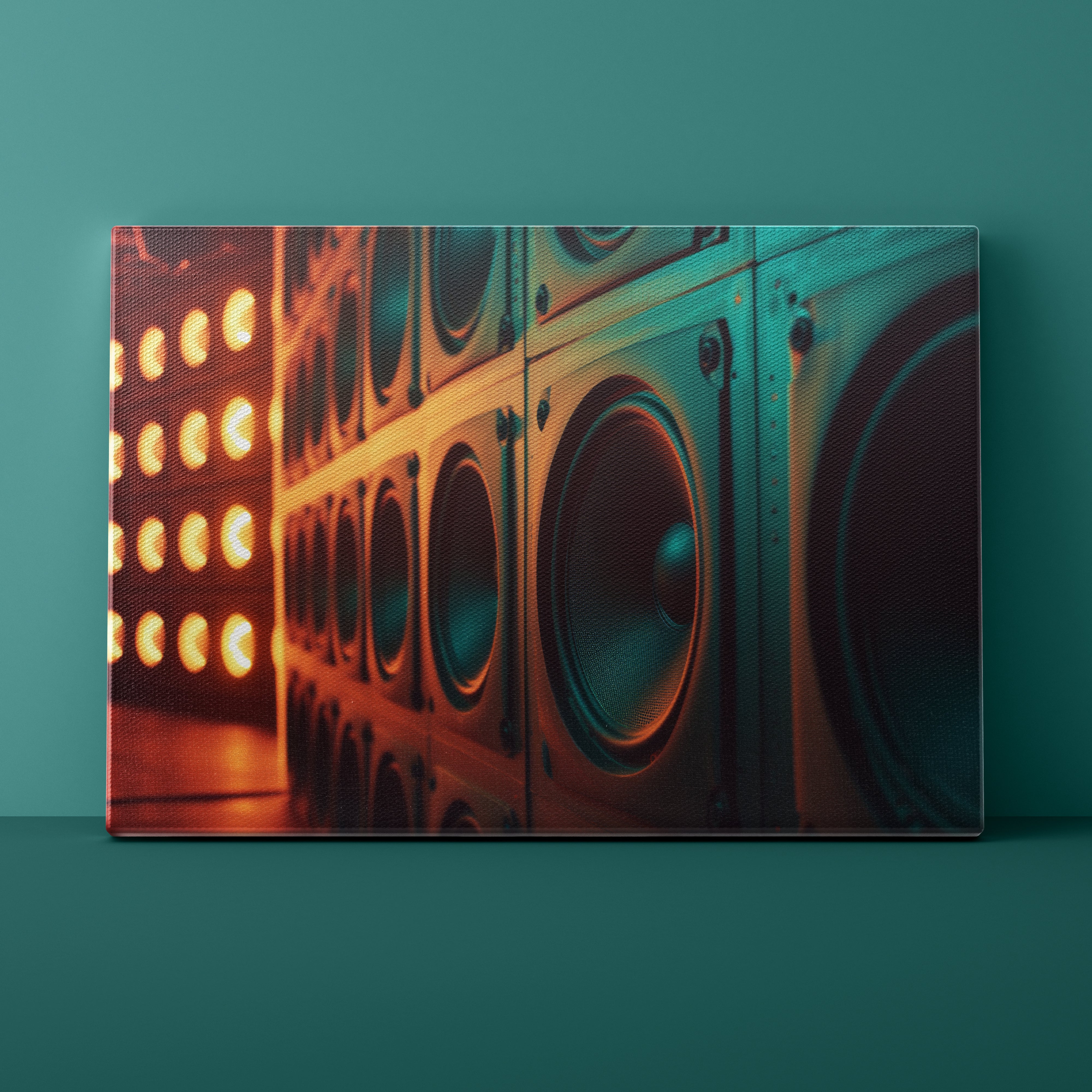 Canvas print of a close-up of speakers with a teal background
