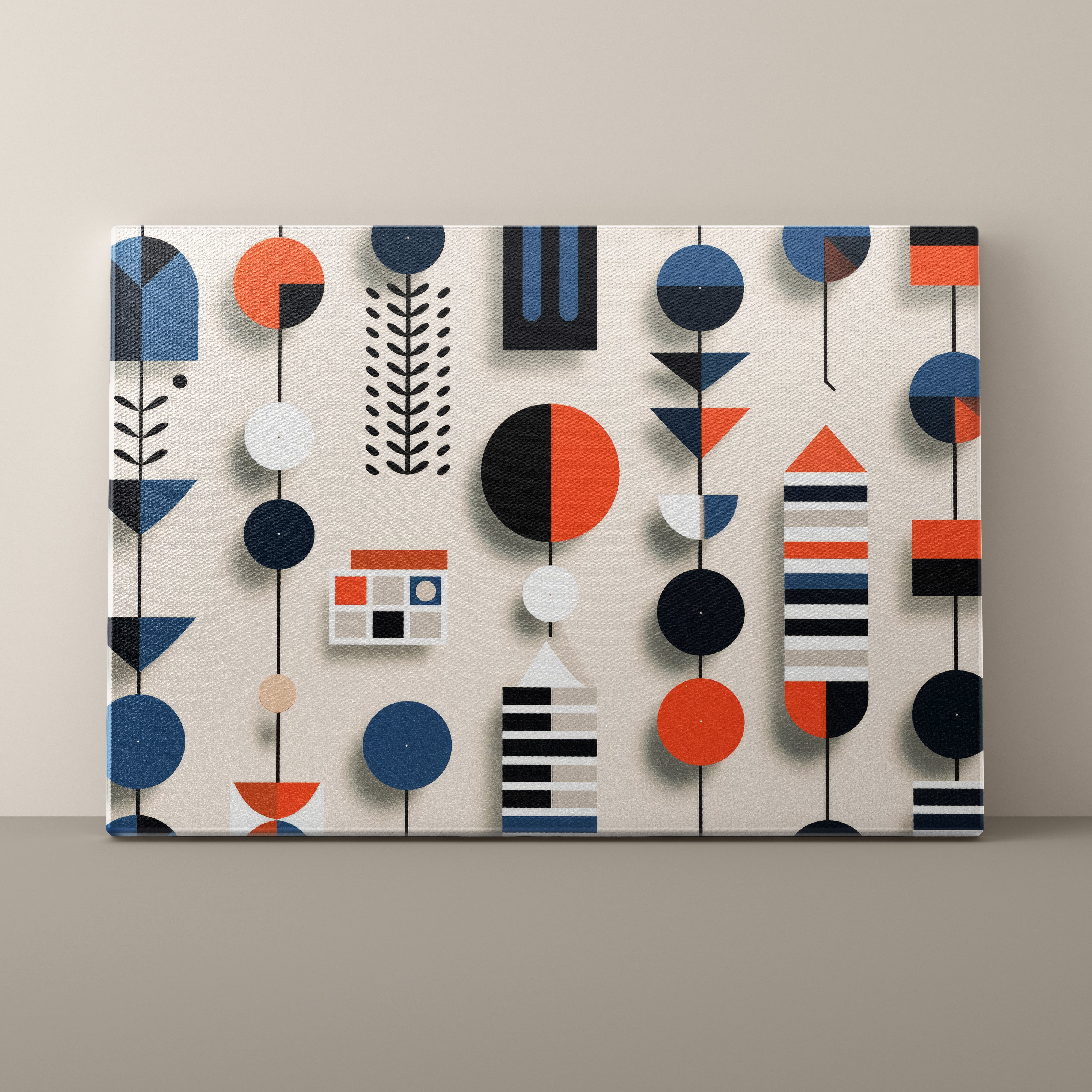 Decorative wall art with geometric shapes on a beige background