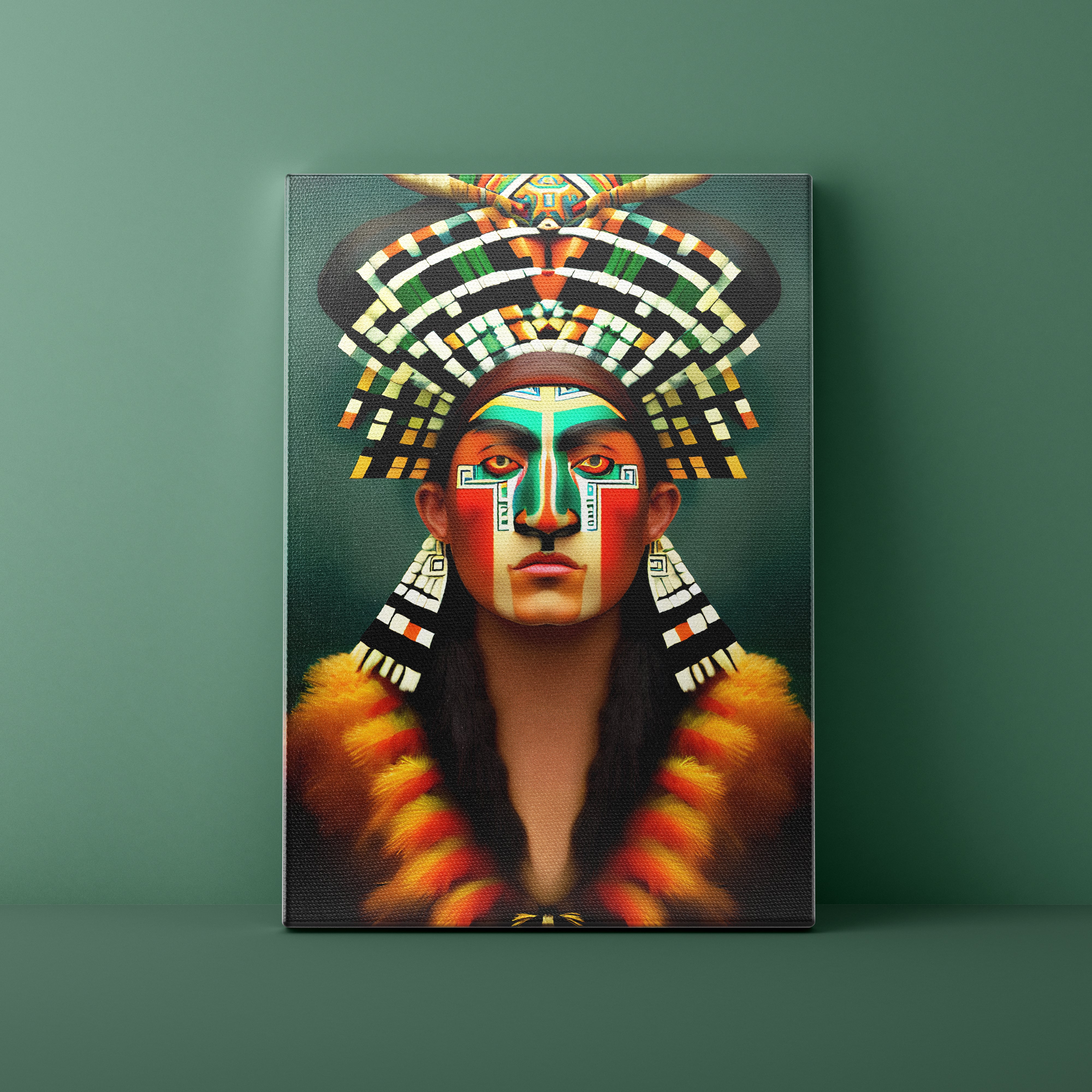 Canvas print of a person wearing traditional headdress and face paint against a green background